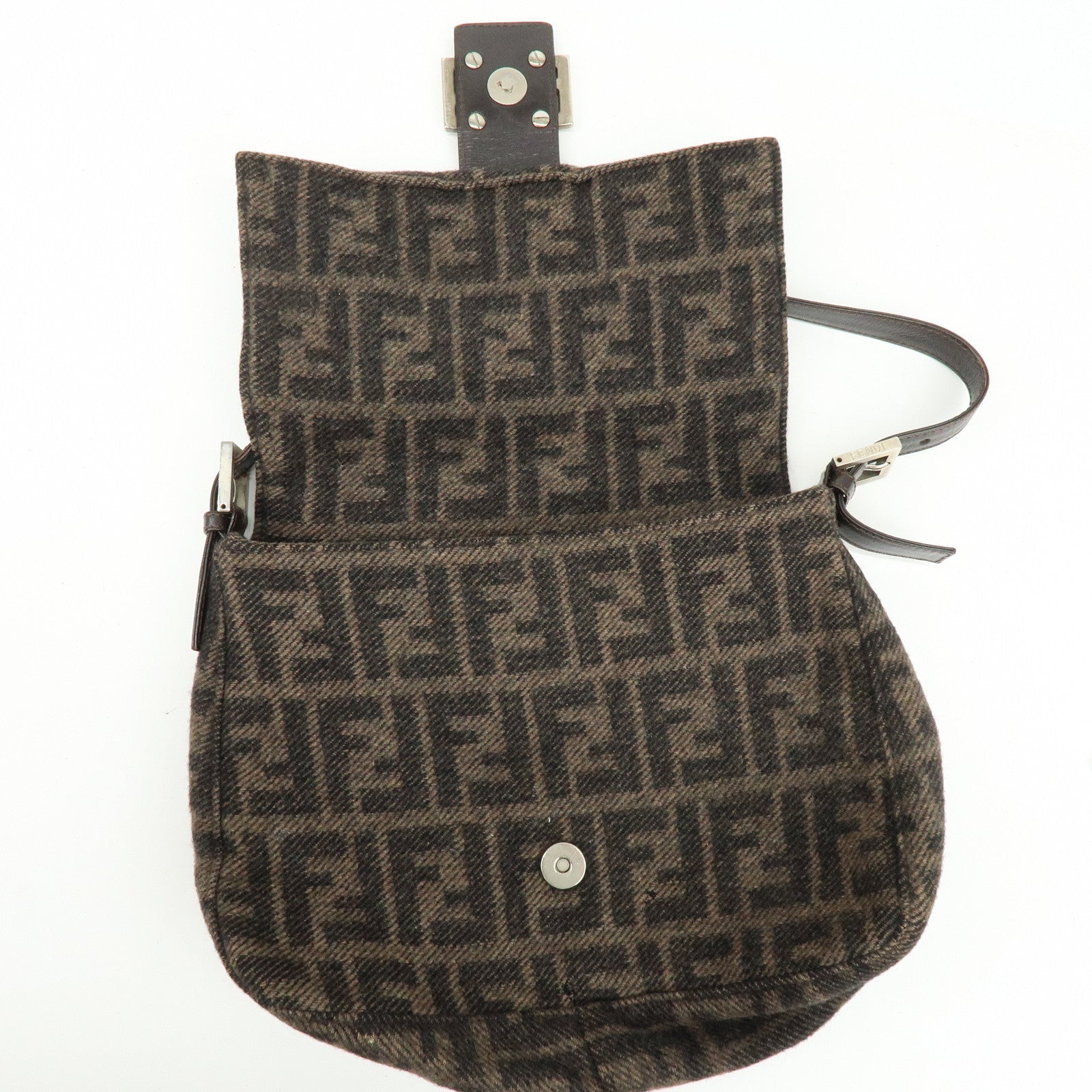 FENDI Mamma Baguette Zucca Wool Leather Shoulder Bag Brown 26325