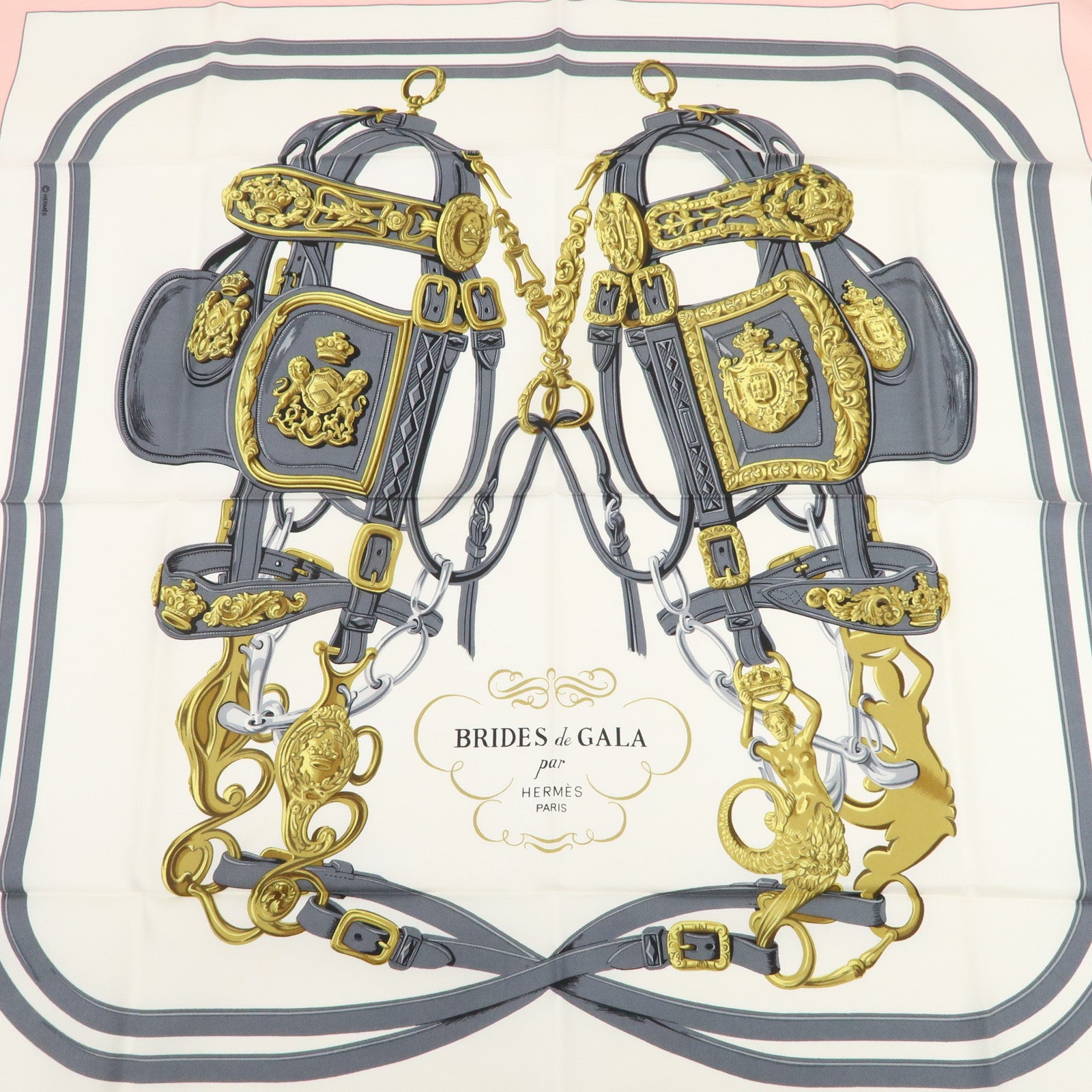 HERMES Carre 90 Silk 100% RIDES DE GALA Scarf Light Pink White