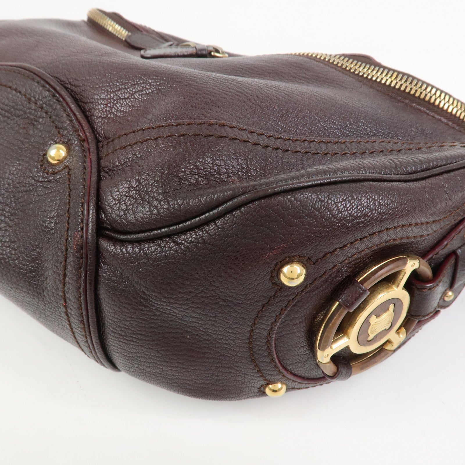 CELINE Macadam Leather Wood Shoulder Bag Hand Bag Brown