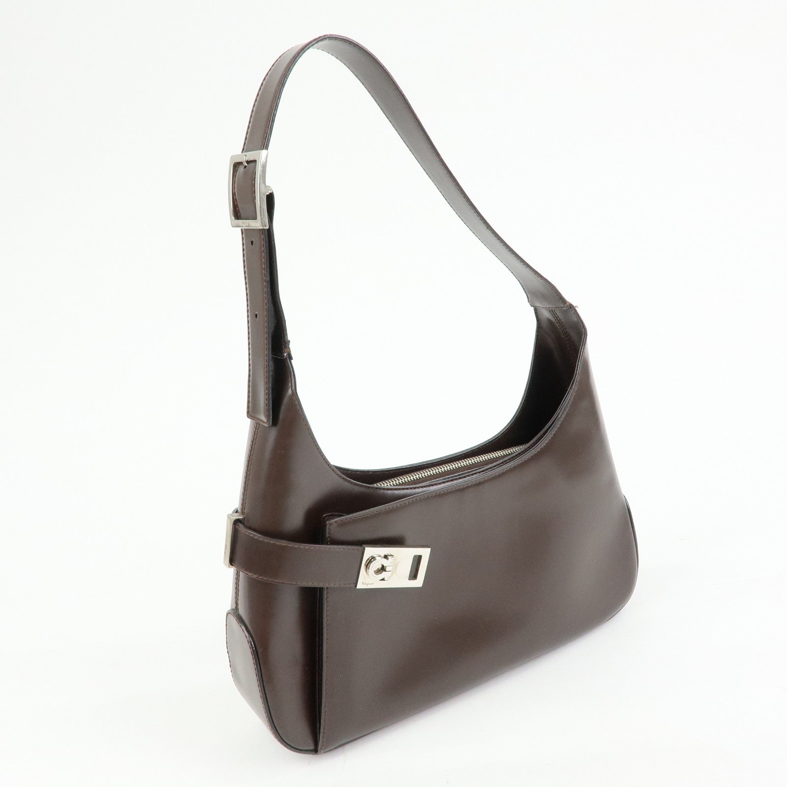 Ferragamo Gancini Leather Shoulder Bag Hand Bag Dark Brown
