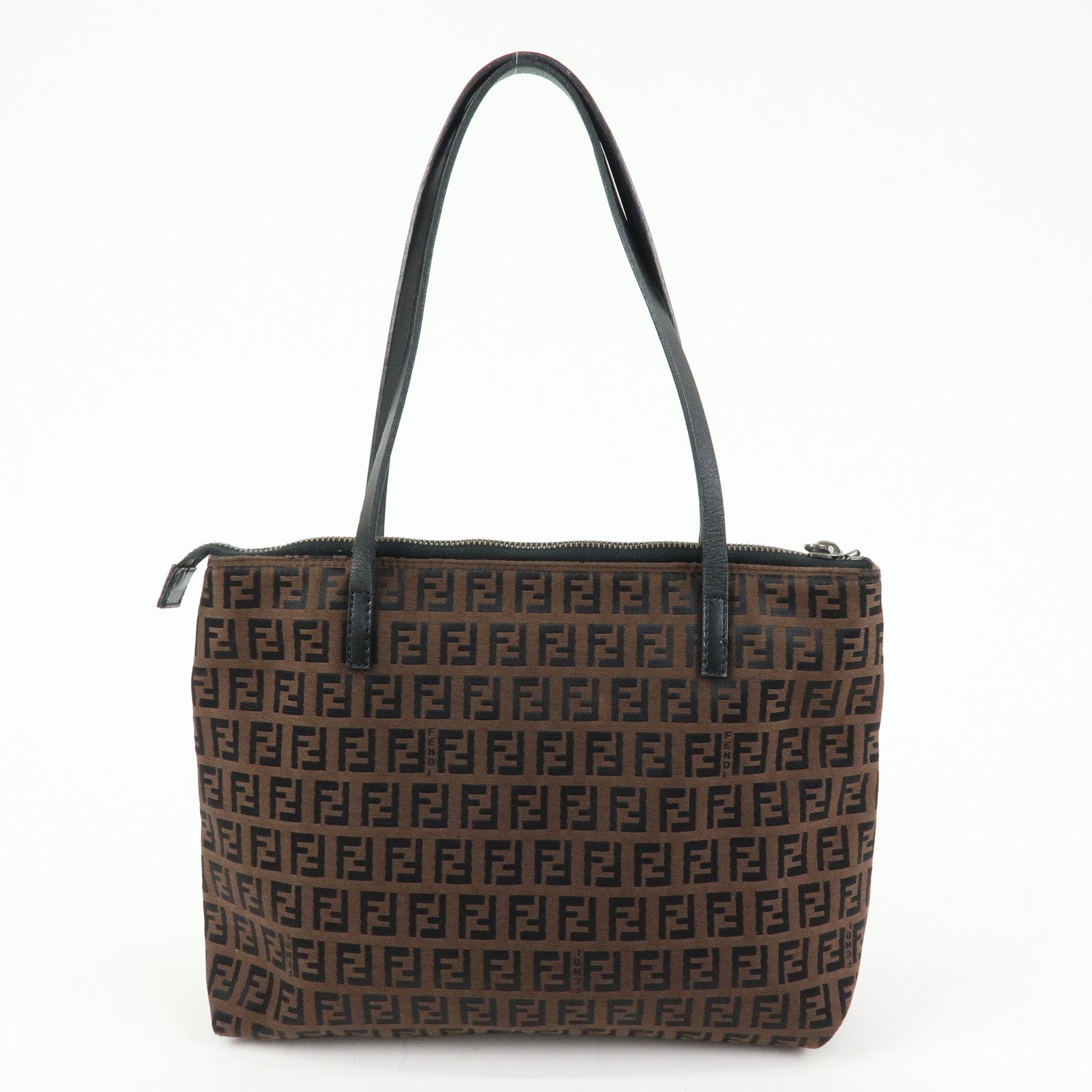 FENDI Zucchino Canvas Leather Tote Bag Hand Bag Brown Black 8BH022
