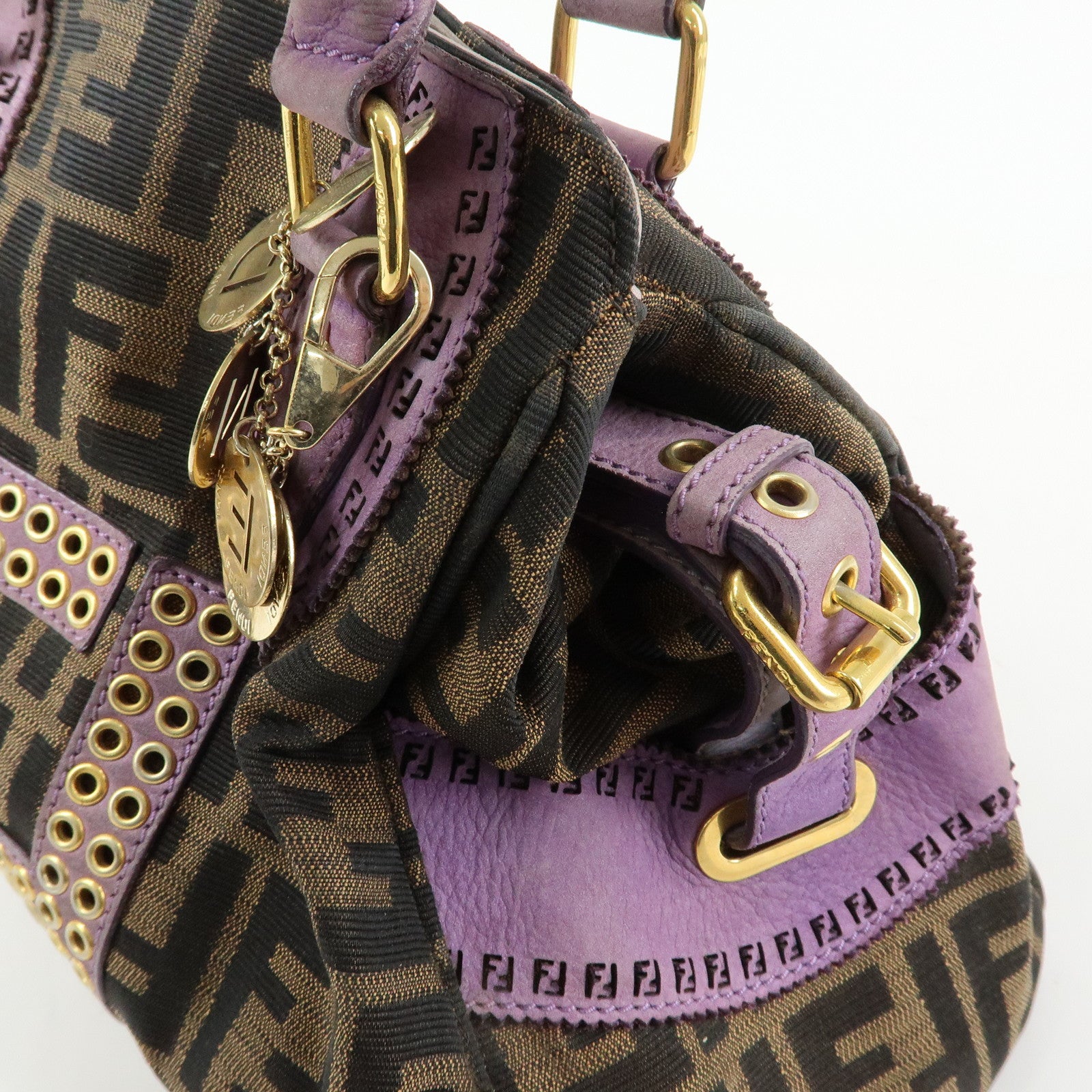 FENDI Ethnico Zucca Canvas Leather Shoulder Bag Brown Purple 8BN157