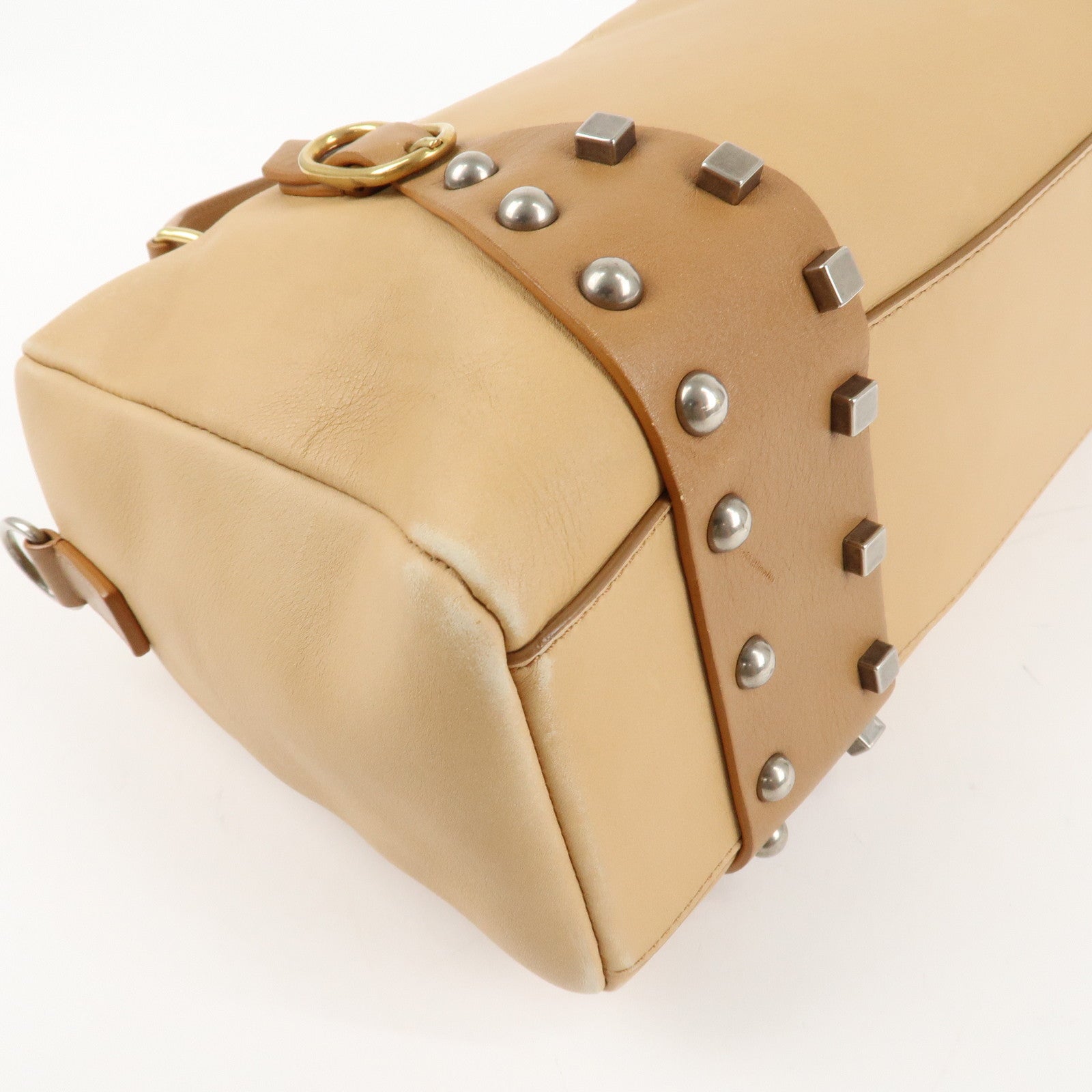 CELINE Leather 2Way Boston Bag Shoulder Bag Beige Brown Used
