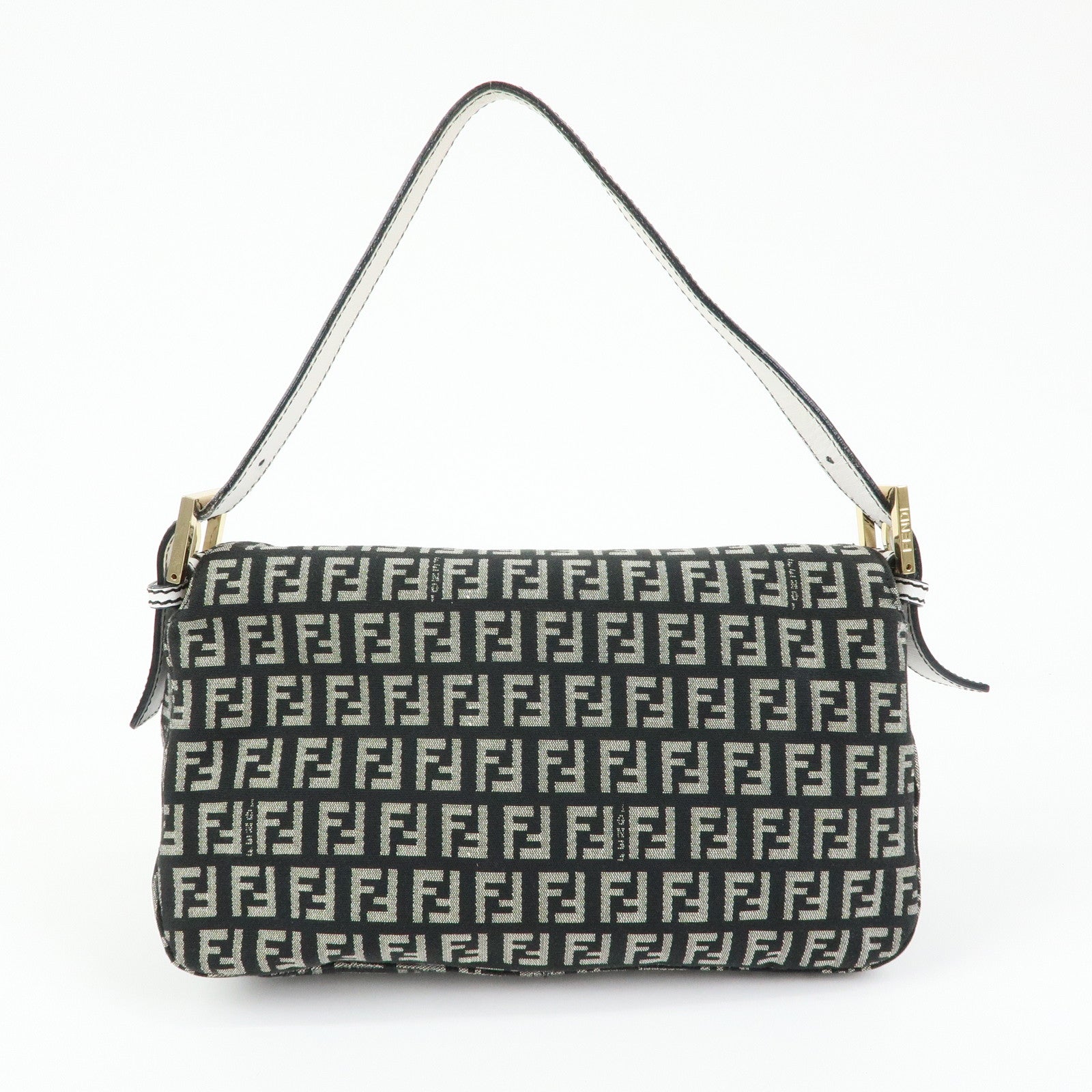 FENDI Zucchino Canvas Leather Shoulder Hand Bag Black White 8BR003