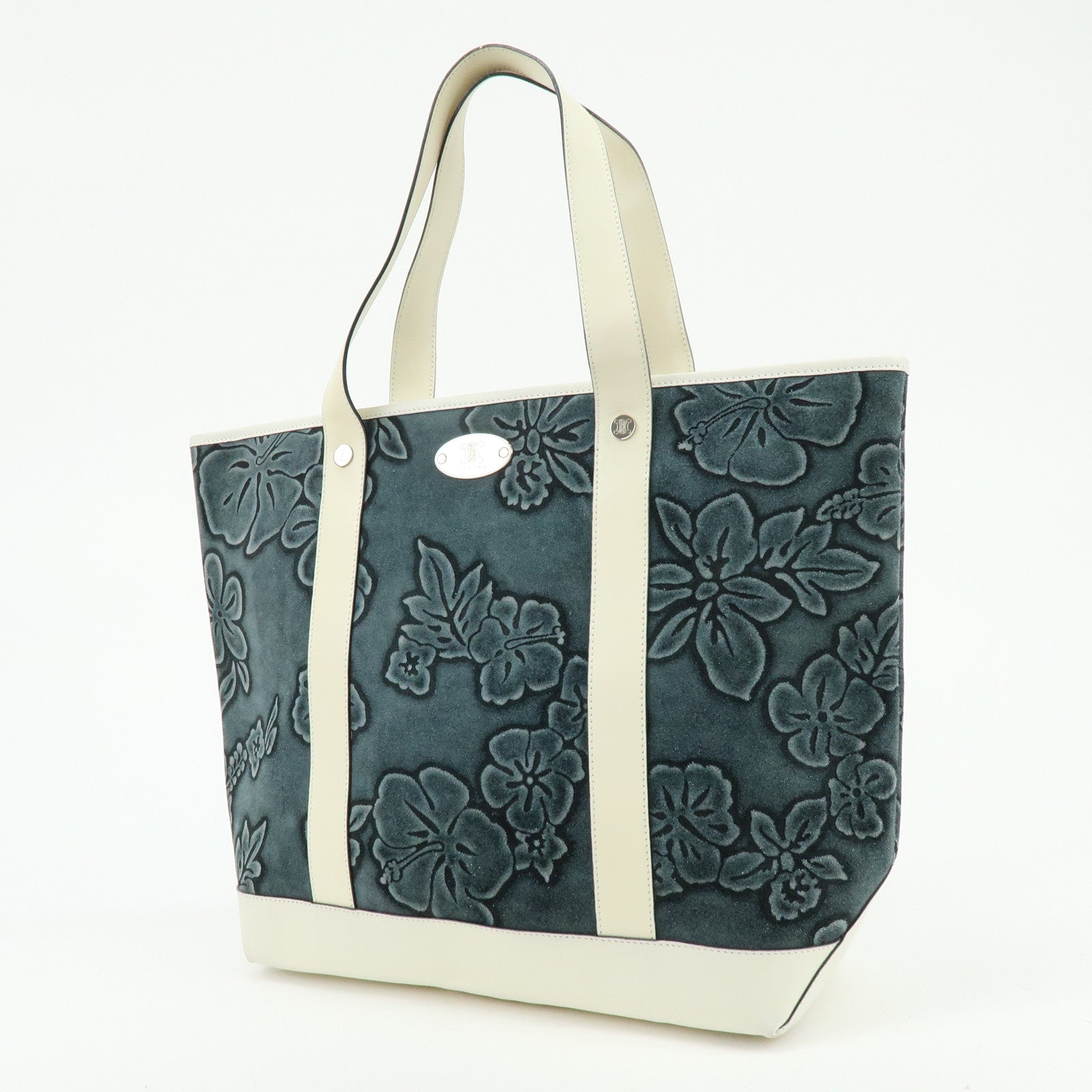 CELINE Hibiscus Motif Suede Leather Tote Bag Gray Ivory