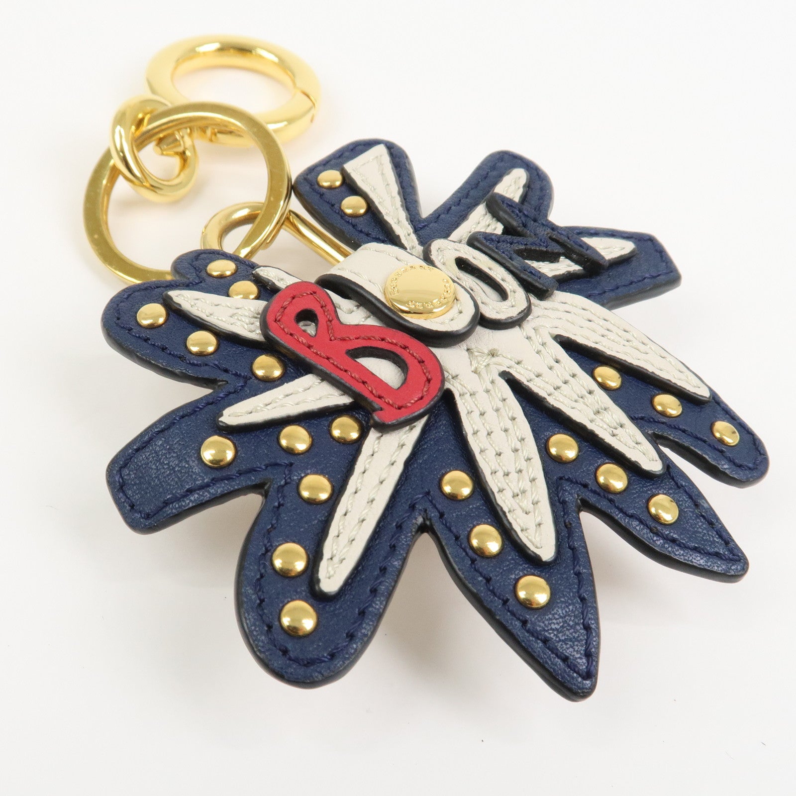 BURBERRY Leather Metal Bag Charm Key Holder Navy Gold