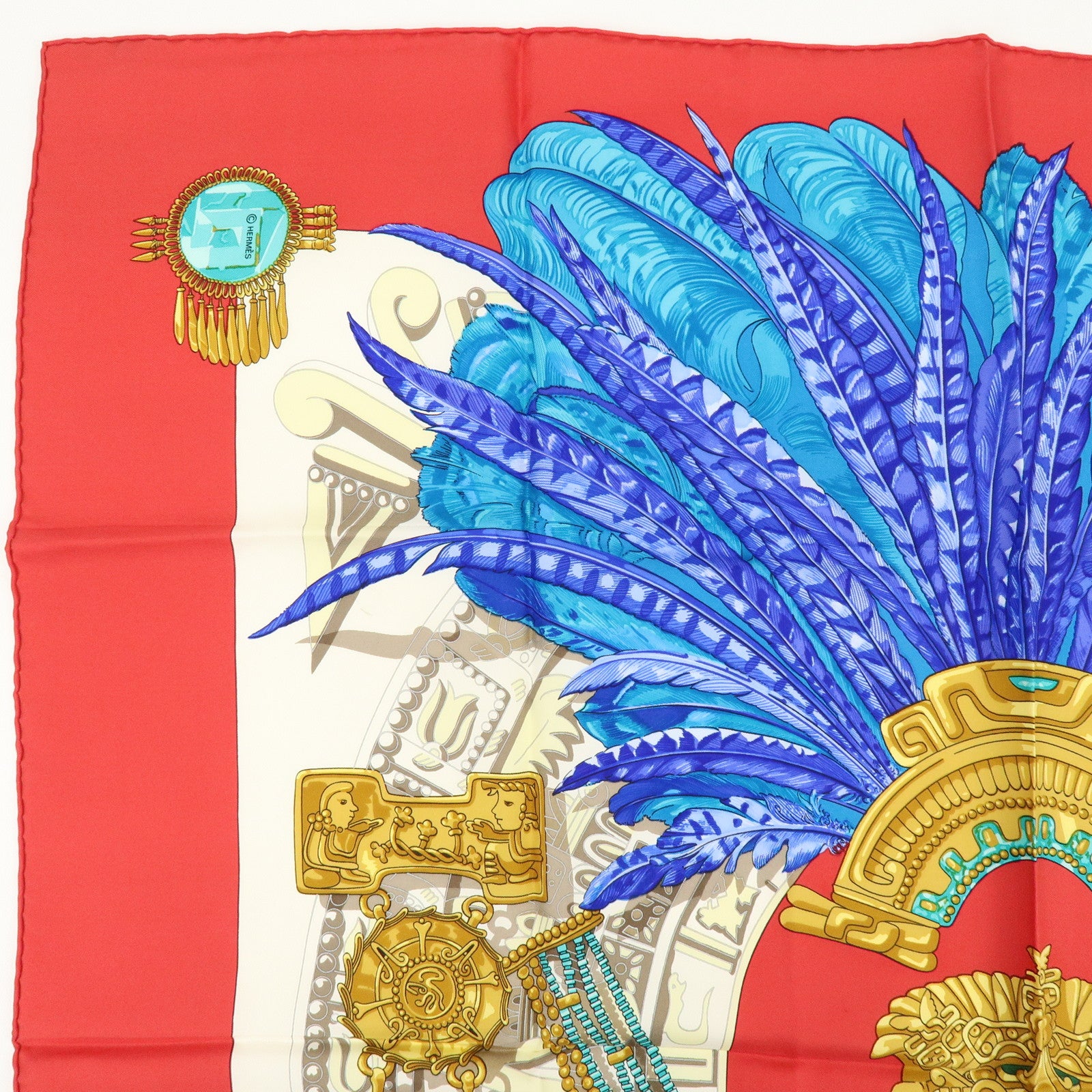 HERMES Carre 90 Silk 100% Scarf MEXIQUE Red Gold Blue