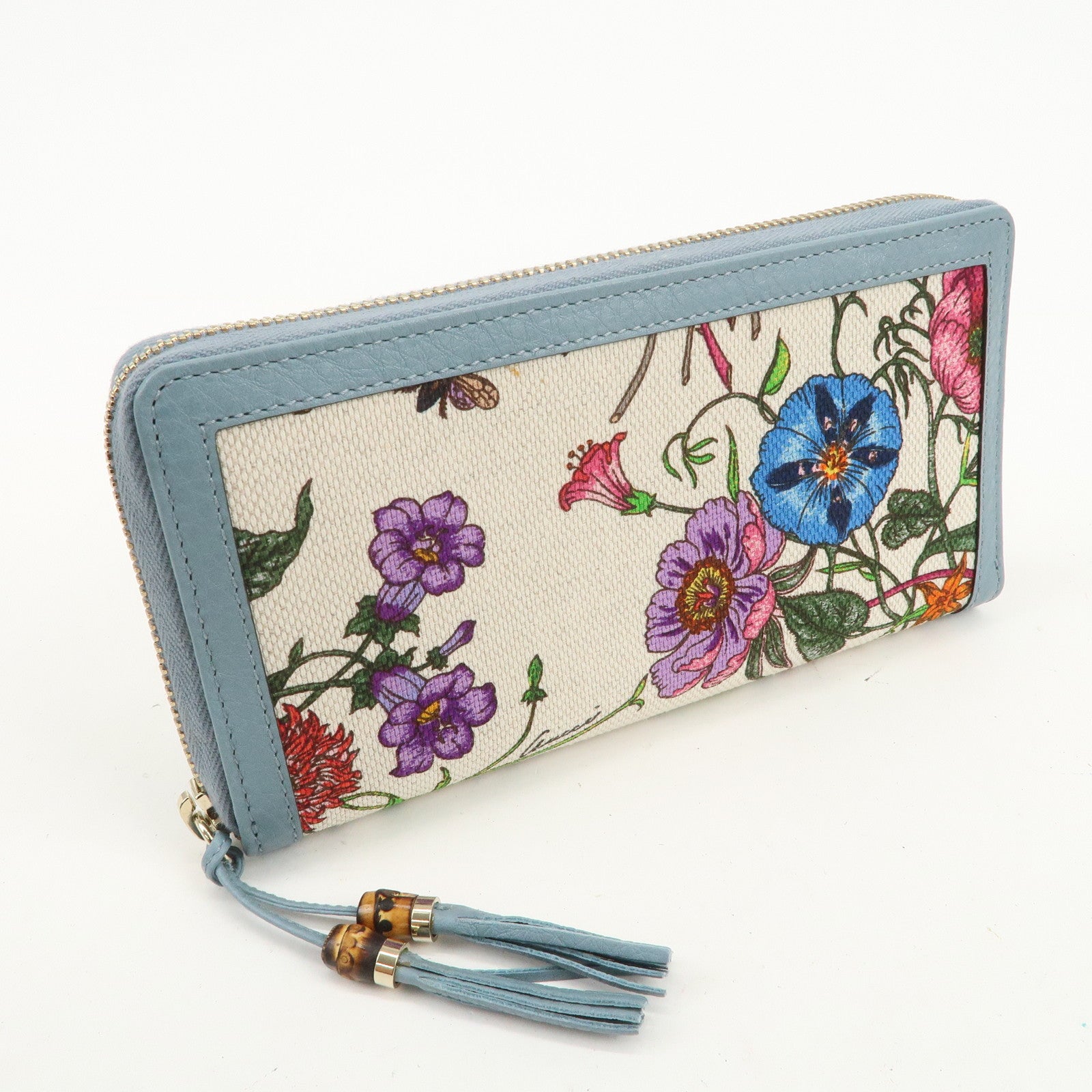 GUCCI Flora Bamboo Canvas Leather Round Zippy Long Wallet 356708