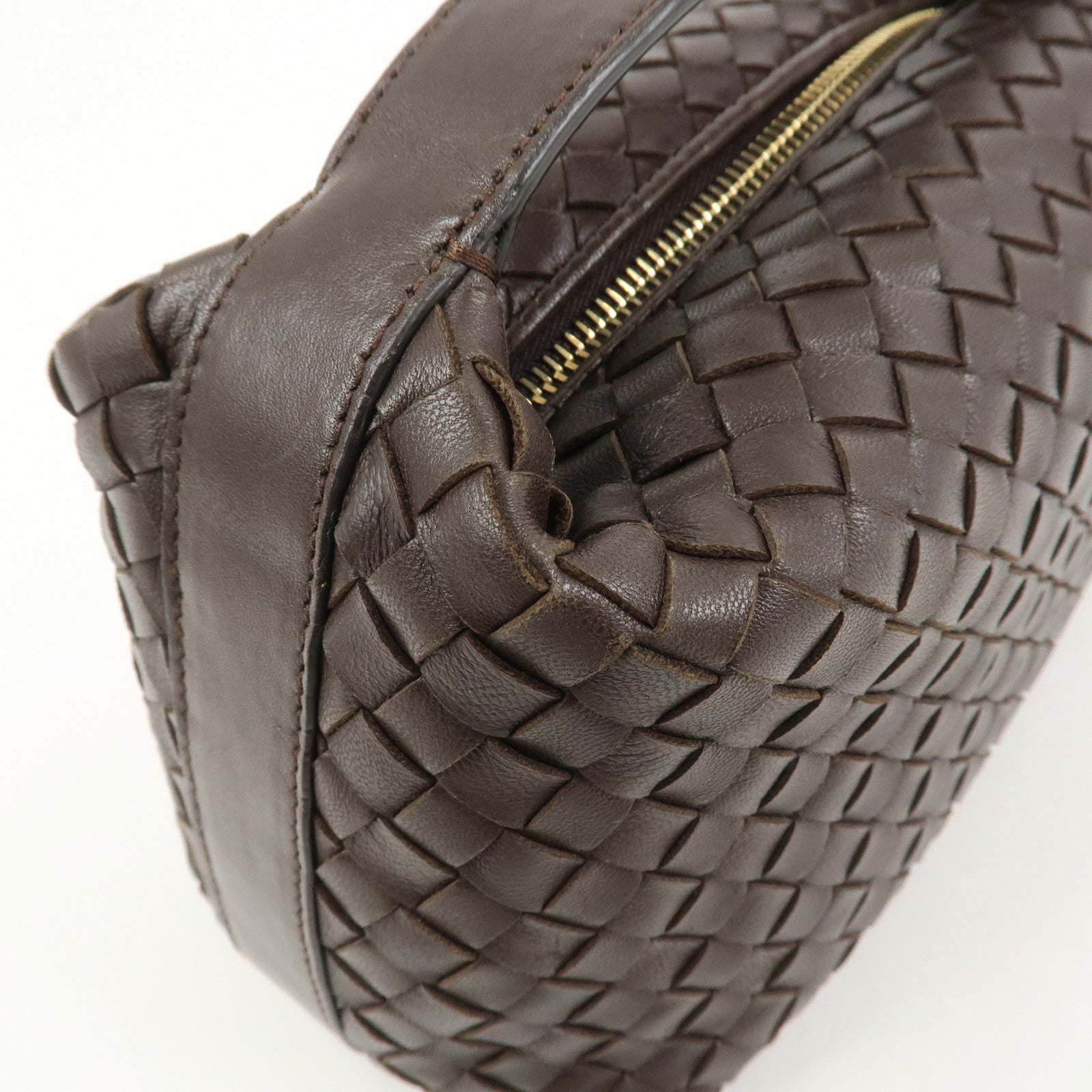 BOTTEGA VENETA Intrecciato Lamb Skin Hand Bag Boston Bag Dark Brown