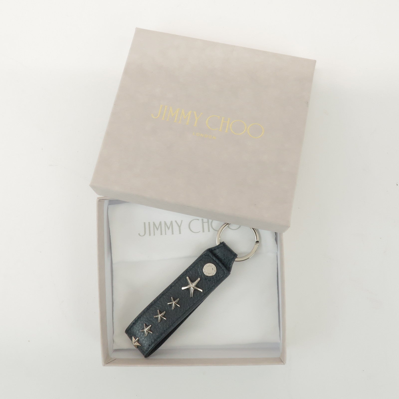 JIMMY CHOO Leather Bag Charm Key Chain Star Motif Navy