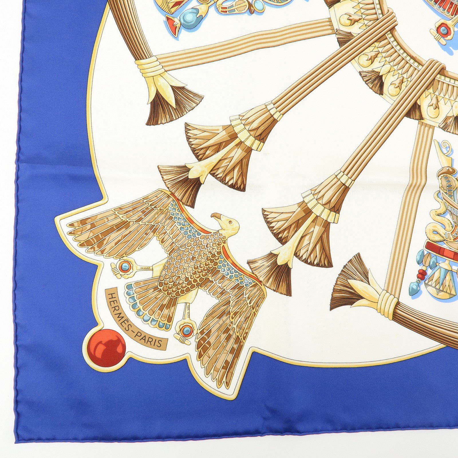 HERMES Carre 90 Silk100% Caty Ancient Egypt Scarab Scarf Blue White