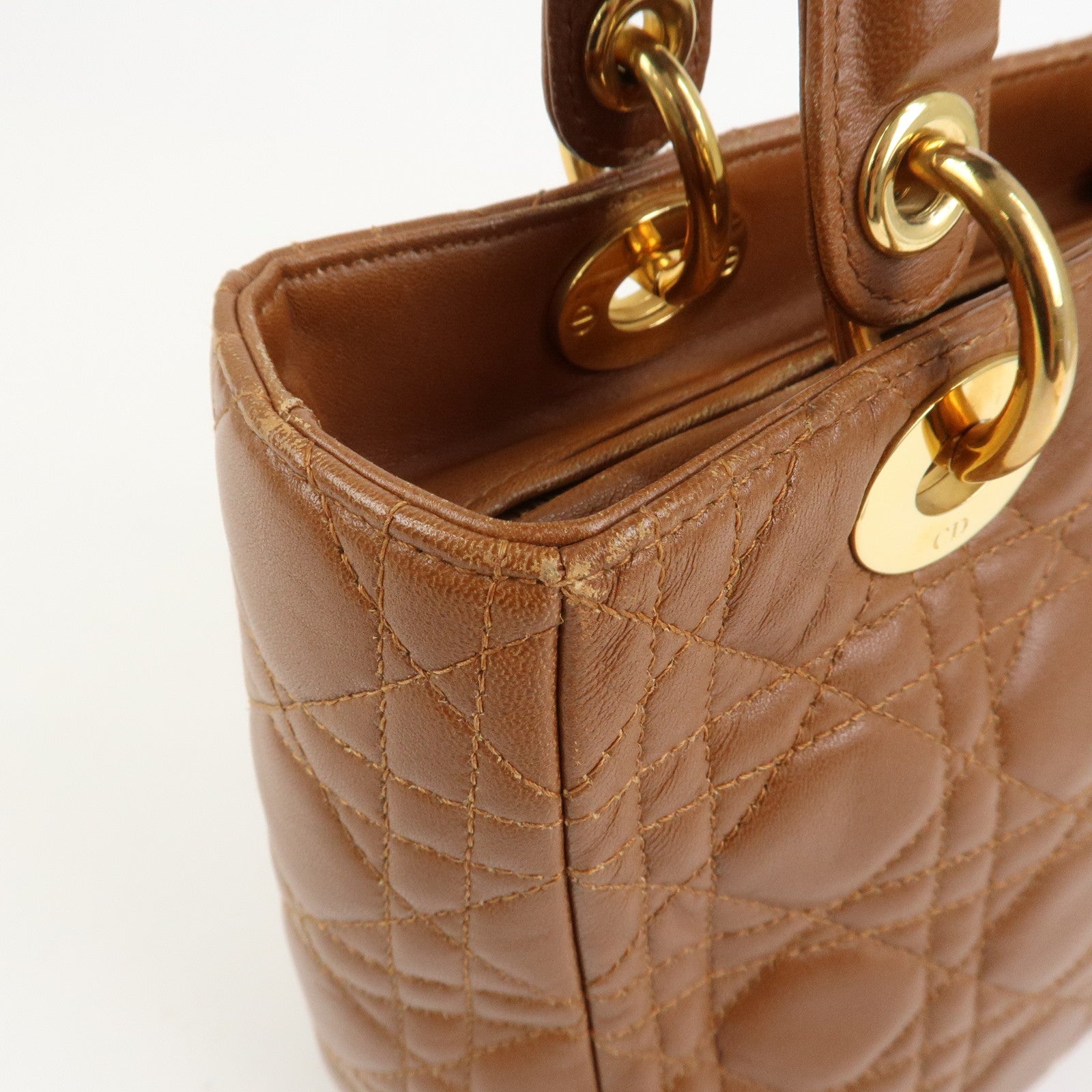 Christian Dior Canage Lady Dior Lamb Skin Hand Bag Tote Bag Brown