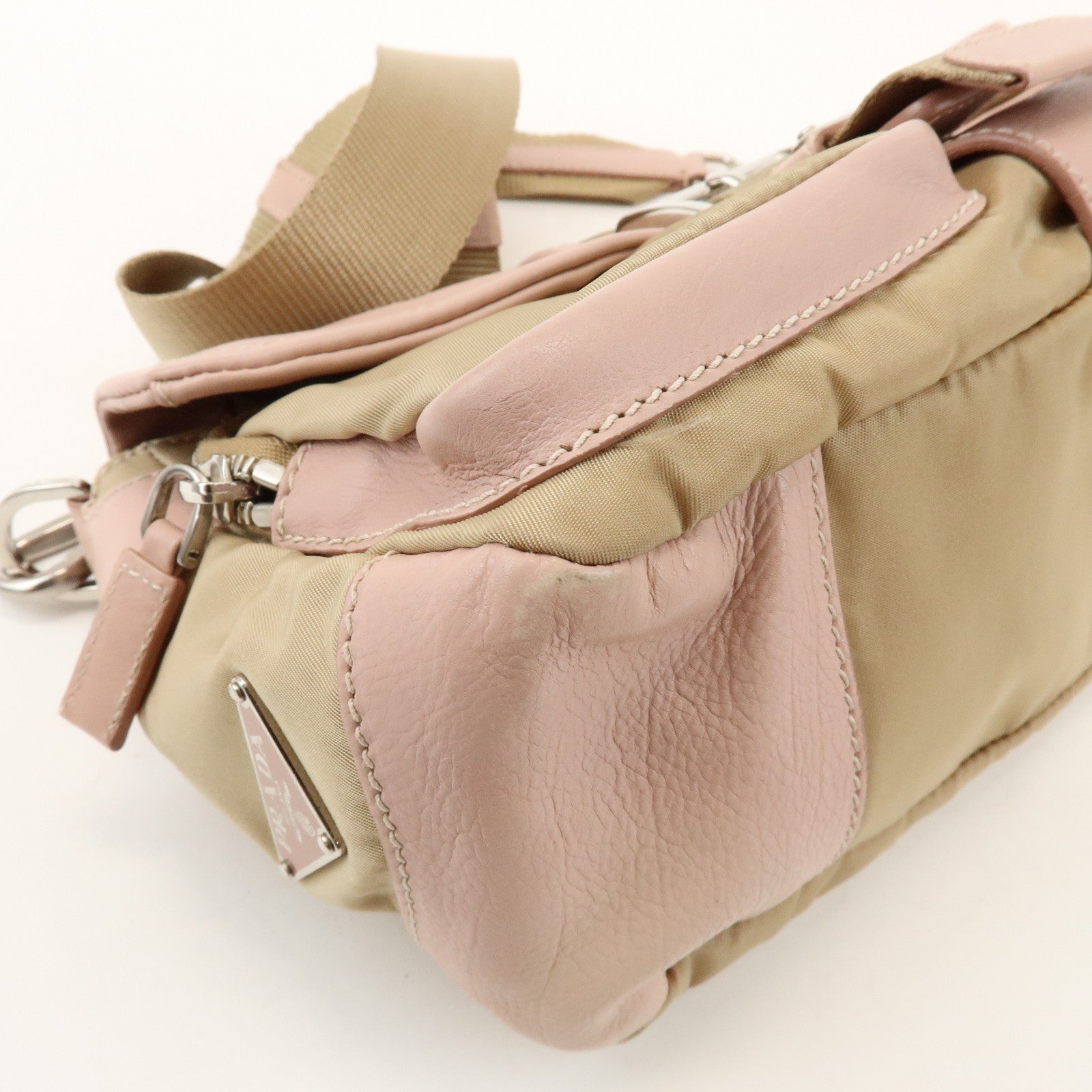 PRADA Triangle Logo Nylon Leather Shoulder Bag Beige Pink BR2417