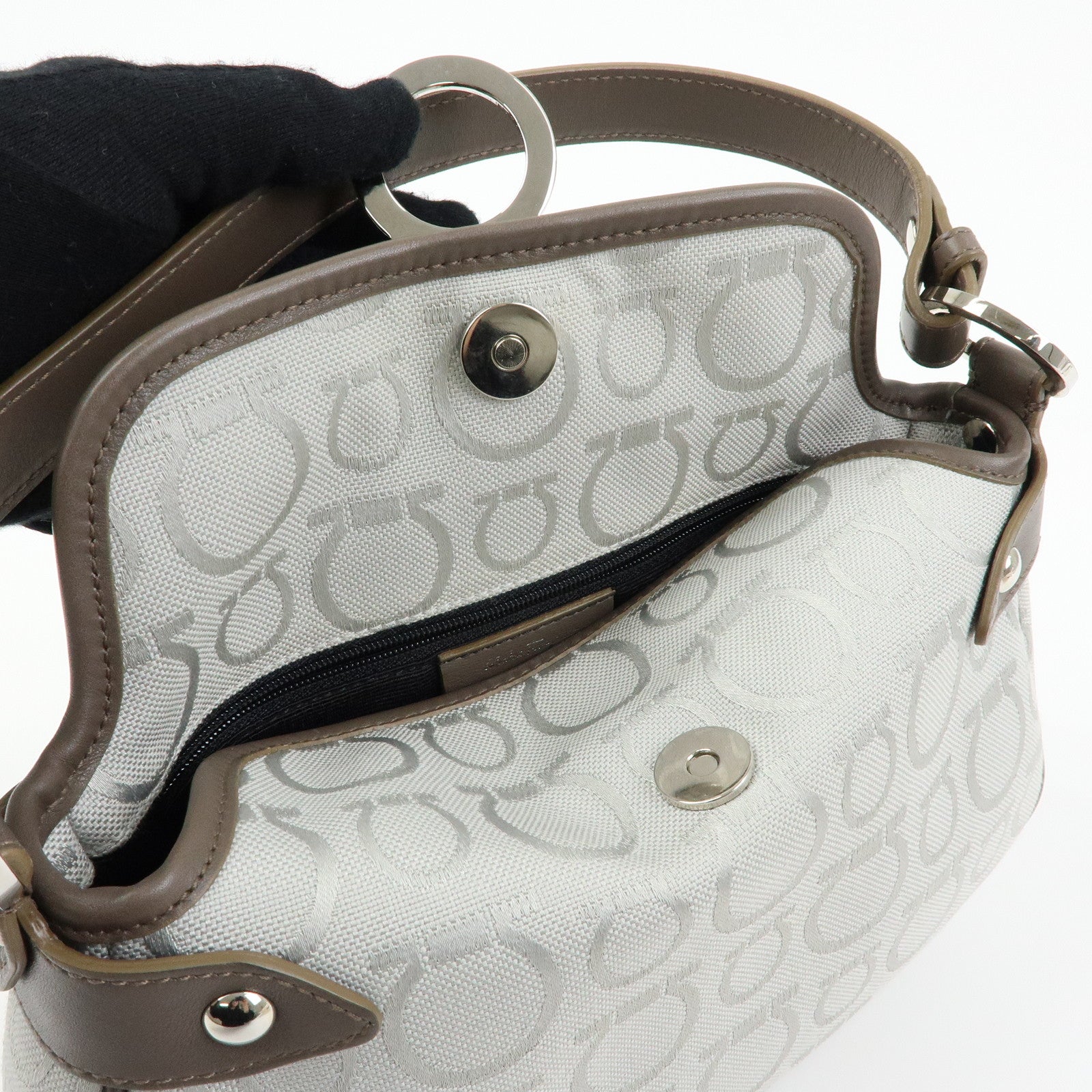 Ferragamo Gancini Canvas Leather Shoulder Bag Hand Bag Gray Brown