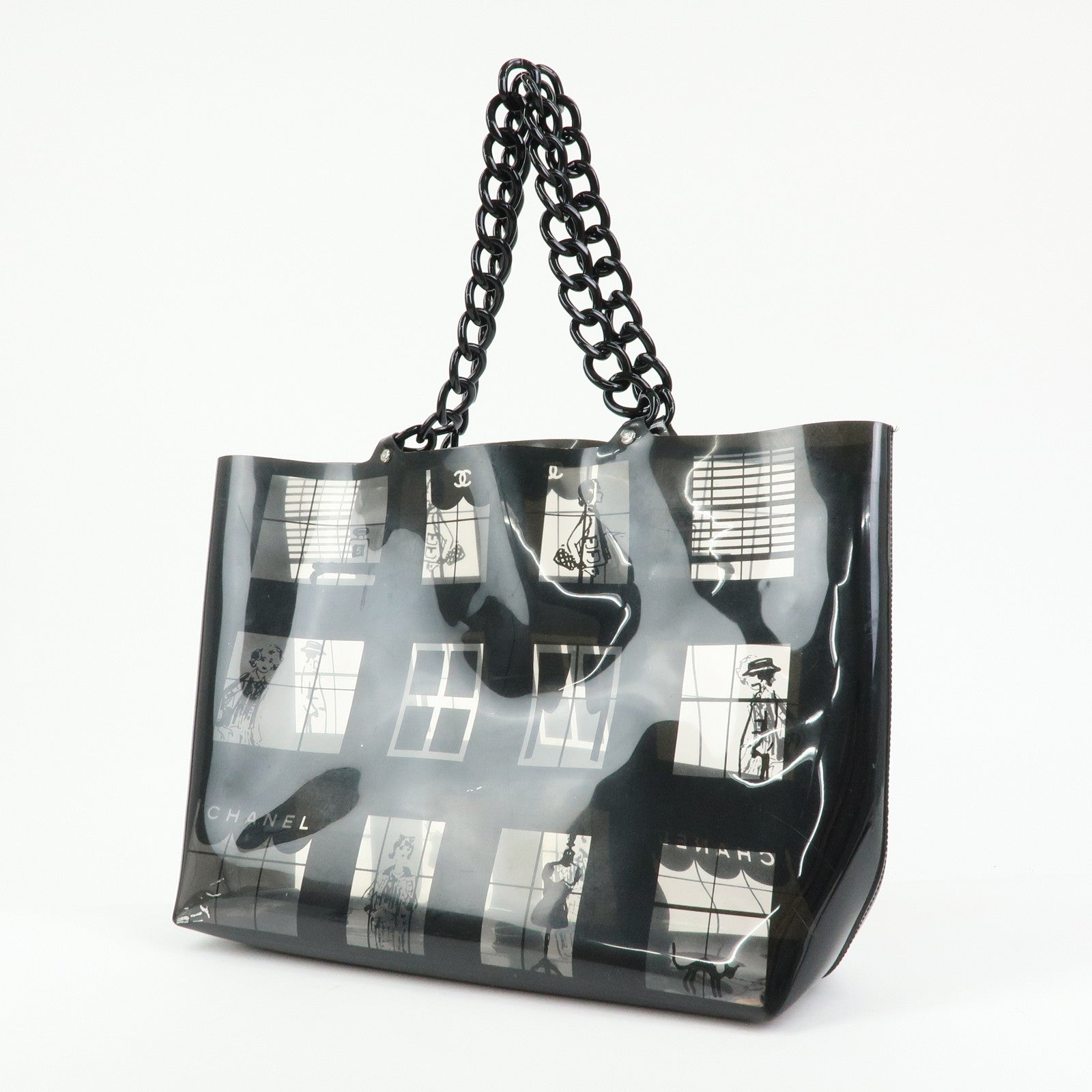 CHANEL Windows Line COCO Mark Vinyl Plastic Chain Tote Bag Black