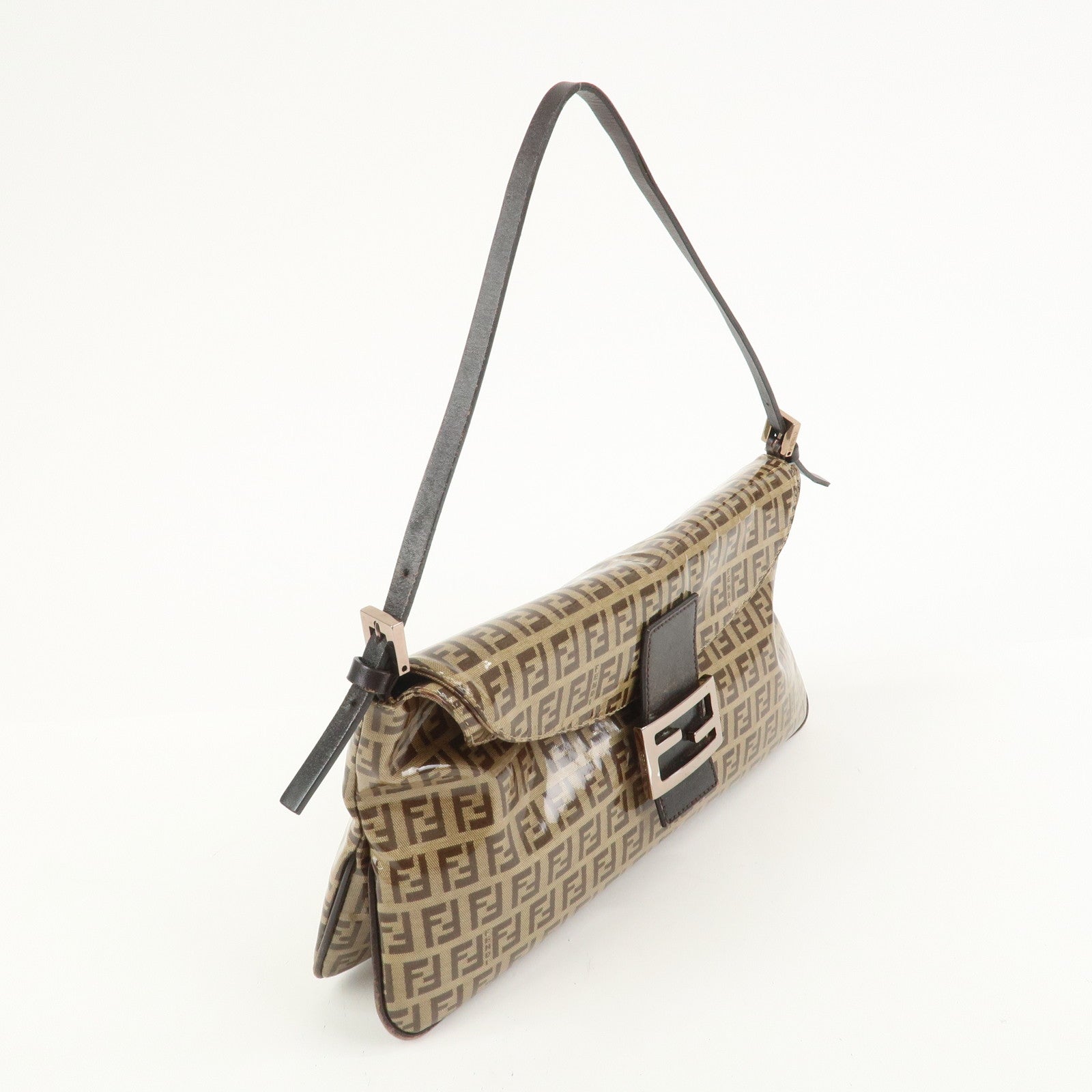 FENDI Zucchino PVC Canvas Leather Shoulder Bag Brown 8BR002