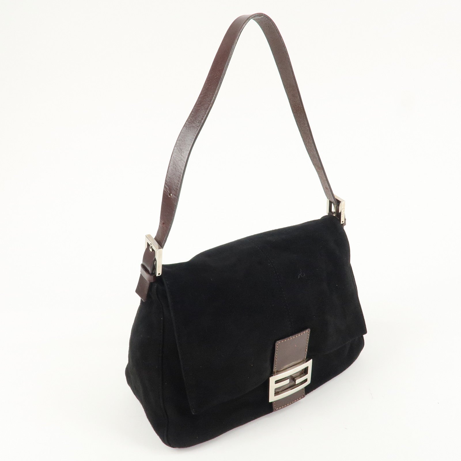 FENDI Mamma Baguette Suede Leather Shoulder Bag Silver HDW 26325 Used