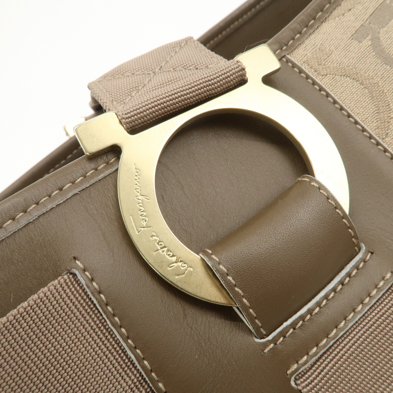 Ferragamo Gancini Canvas Leather Tote Bag Shoulder Bag Beige Brown