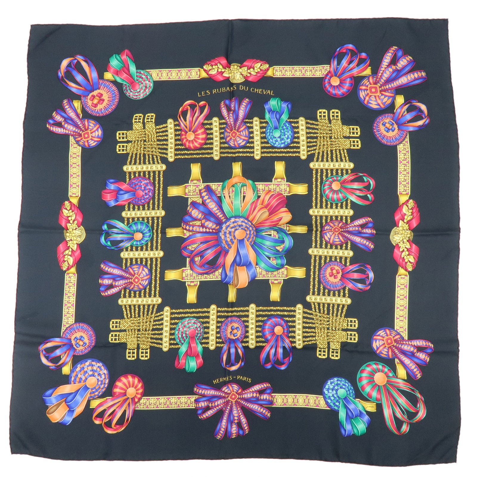 HERMES Carre 90 Silk 100% Scarf LES RUBANS DU CHEVAL Black Gold