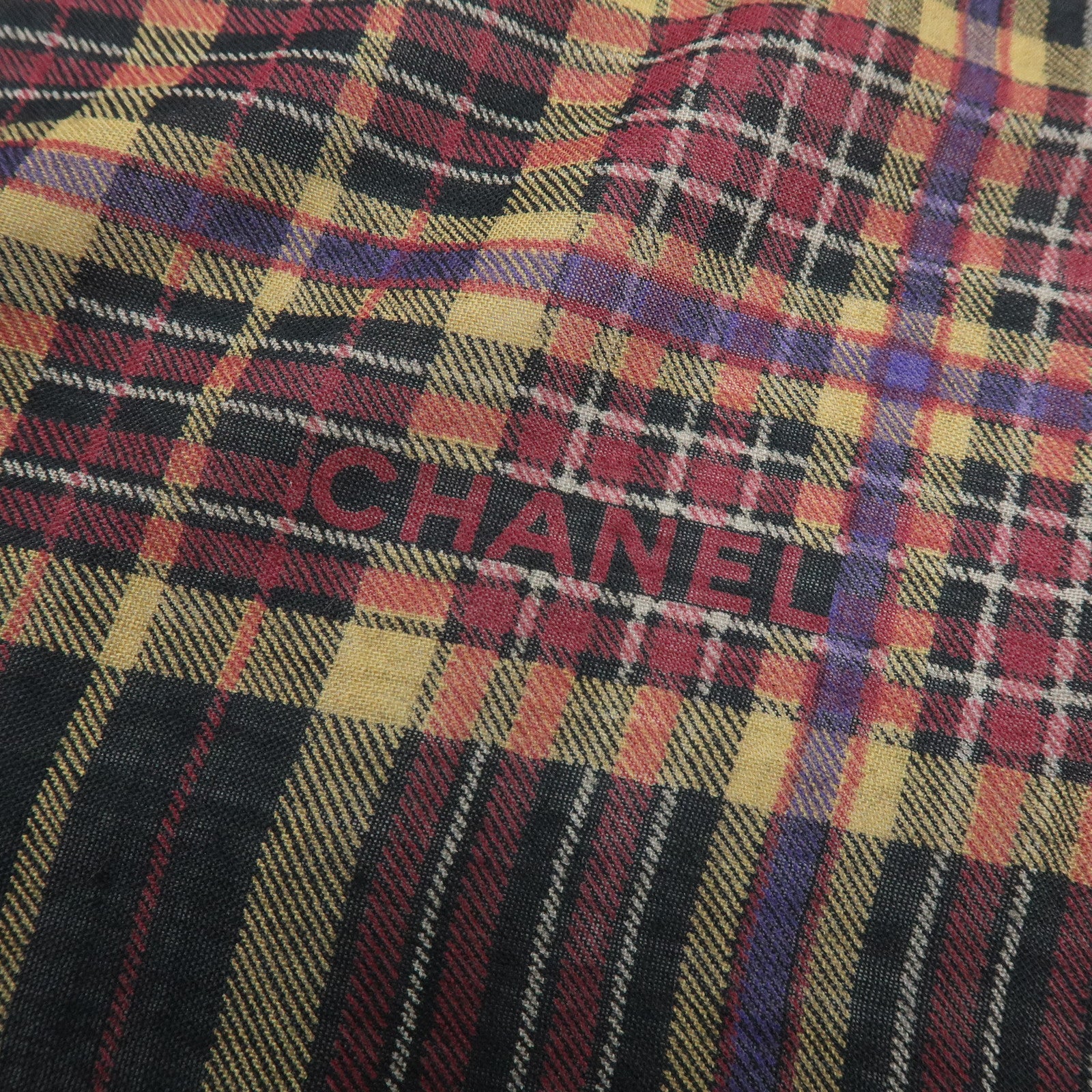 CHANEL Silk Cashmere Plaid Scarf Black Beige Wine Red