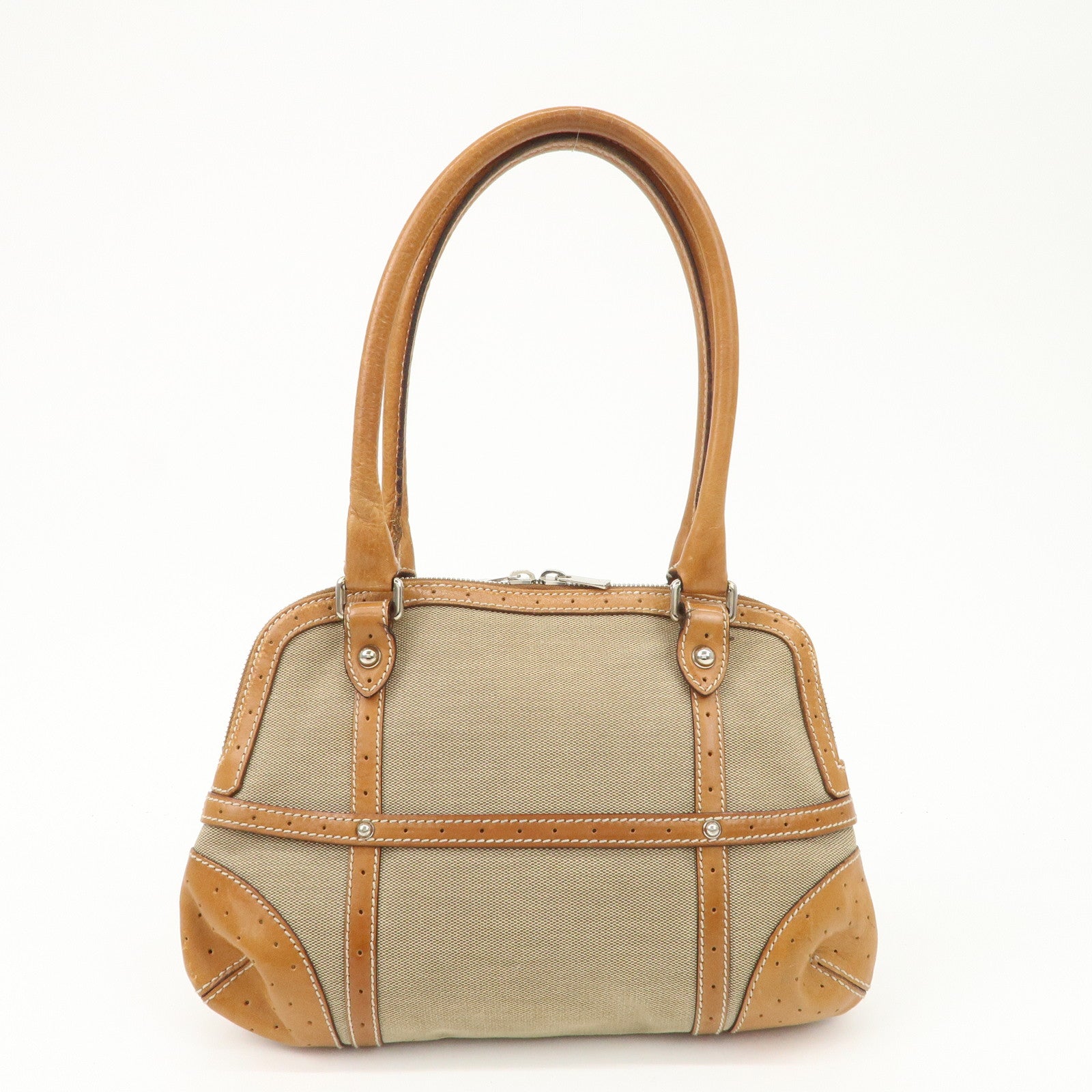 GUCCI Interlocking G Sherry Leather Canvas Hand Bag Beige 114882 Used