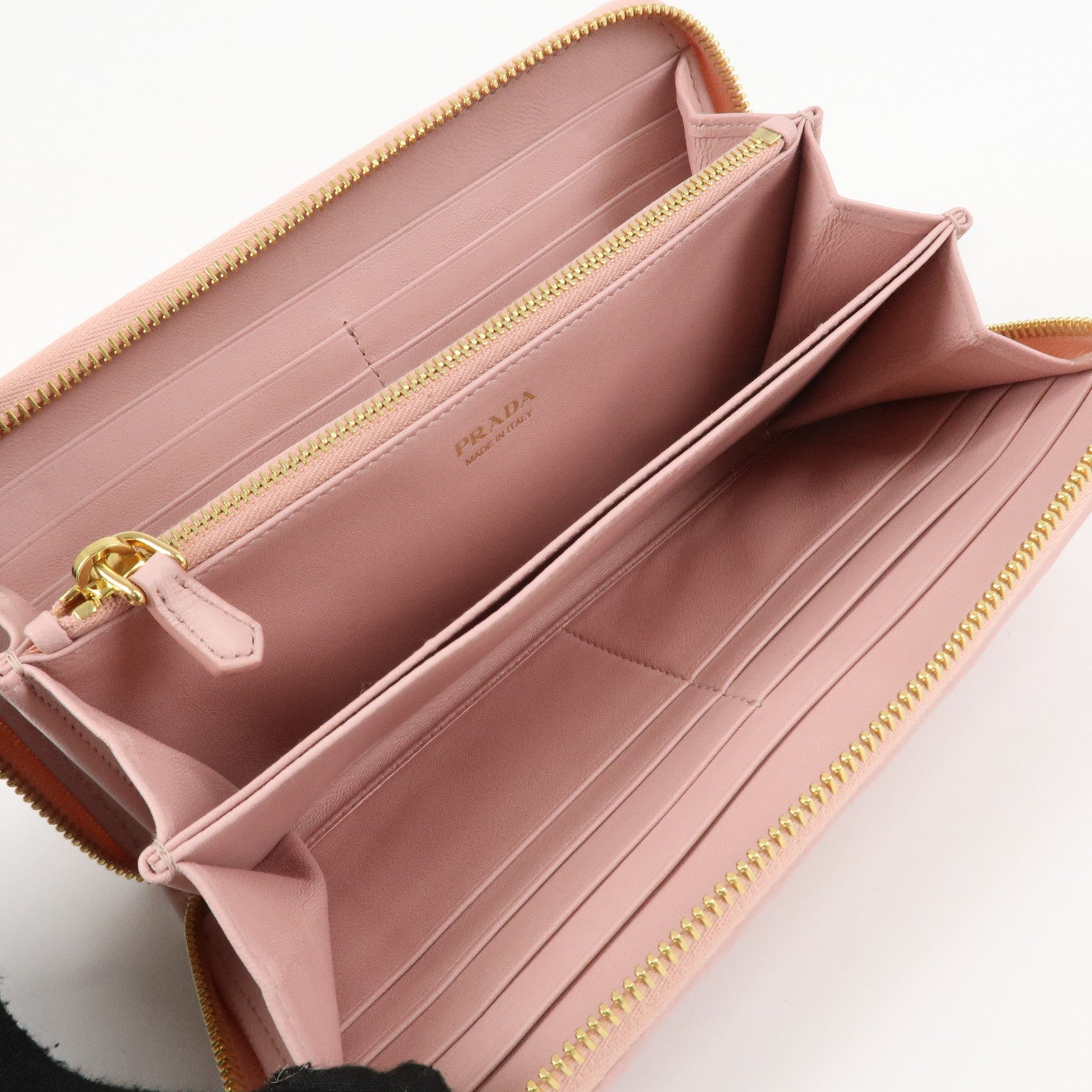 PRADA Leather Gather Round Zippy Wallet Gold Hardware Pink 1M0506 Used