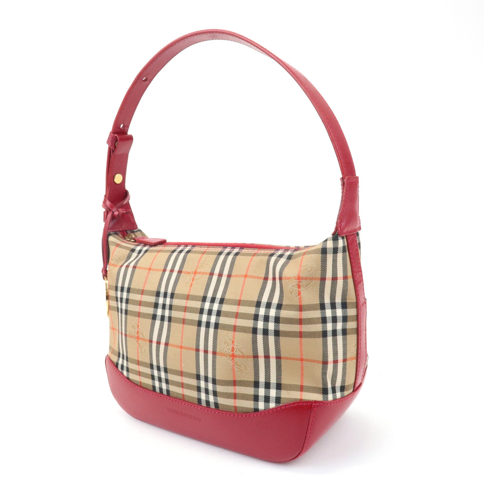BURBERRY Nova Plaid Canvas Leather Shoulder Bag Red Used