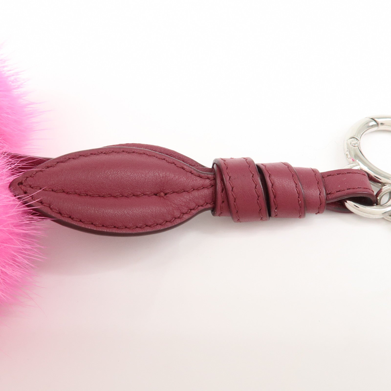 FENDI Logo Leather Fur Bag Charm Key Holder Pink 7AR642