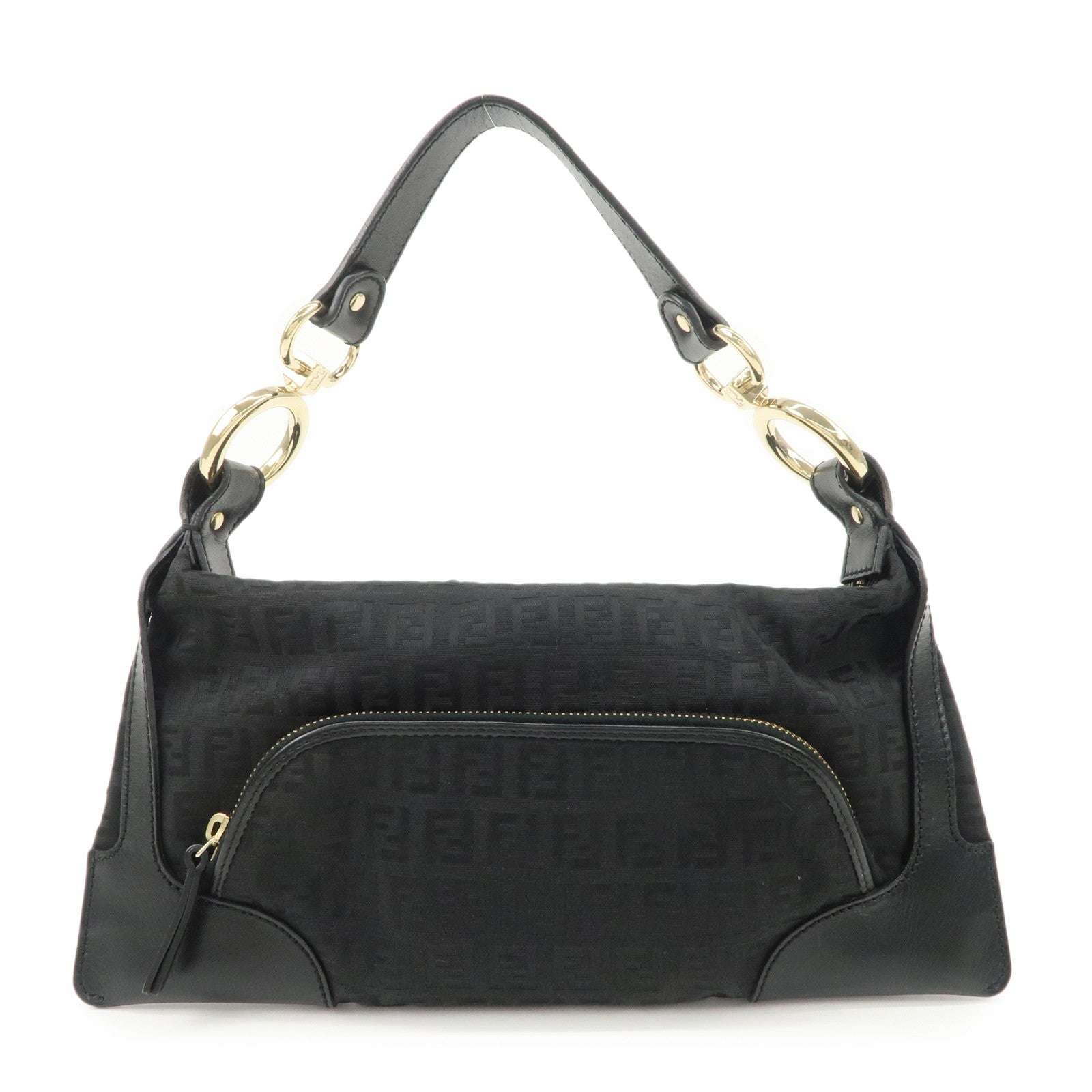 FENDI Zucchino Canvas Leather Logo Charm Shoulder Bag Black 8BR464