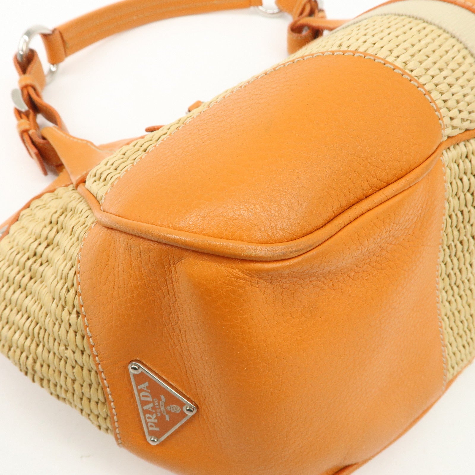PRADA Triangle Logo Raffia Leather Shoulder Bag Beige Orange