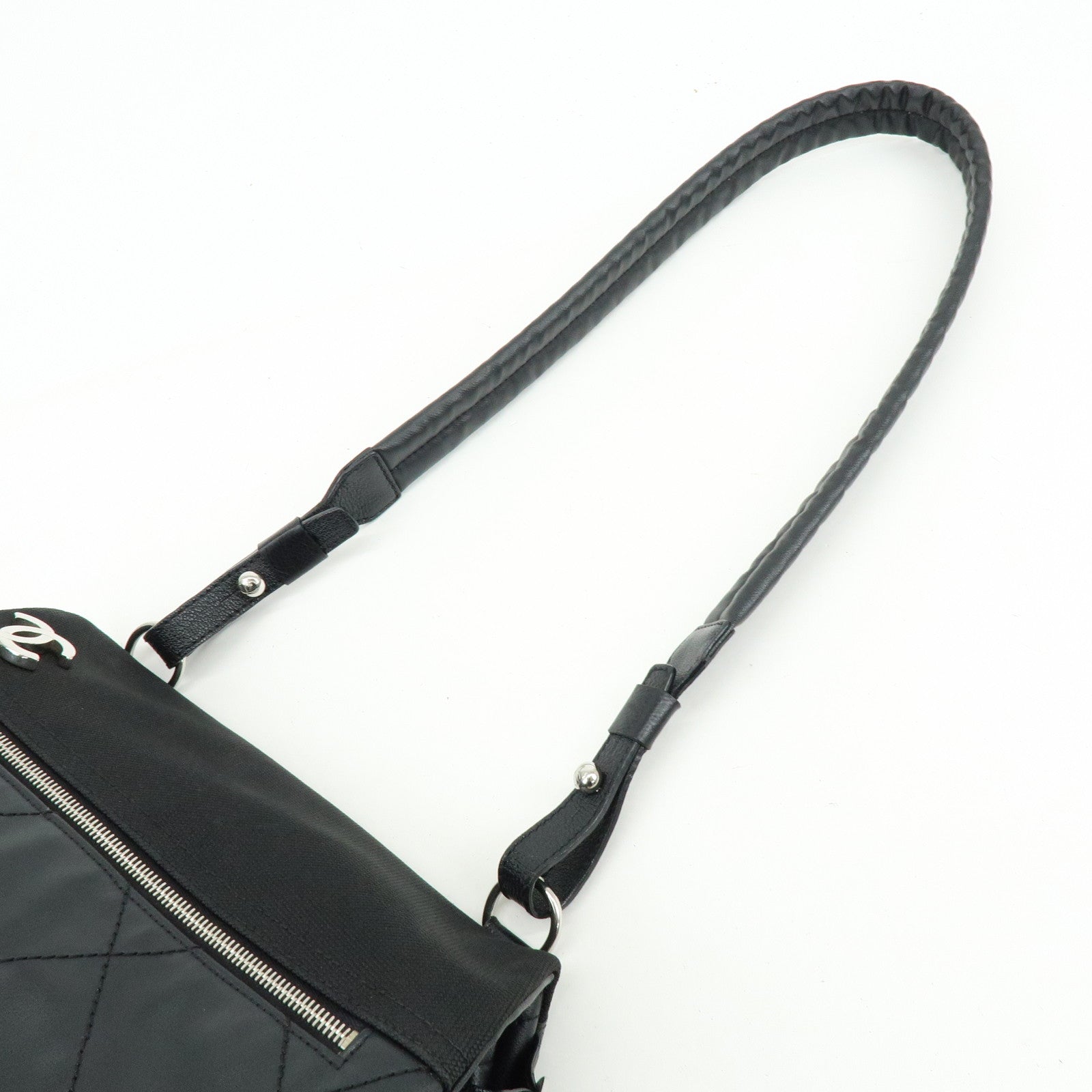 CHANEL Paris Biarritz PVC Coated Canvas Leather Shoulder Bag Black