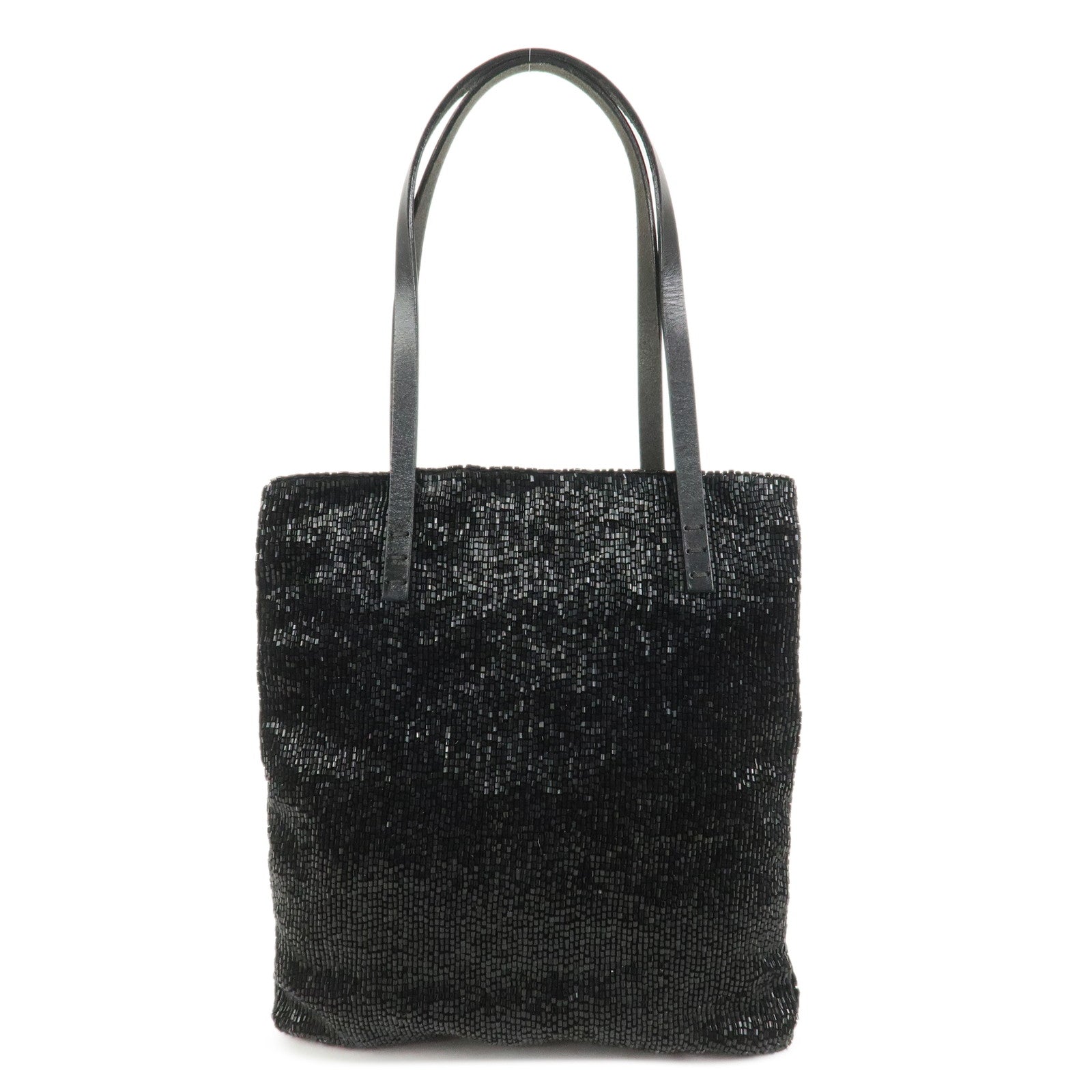 FENDI Logo Beads Leather Hand Bag Tote Bag Black