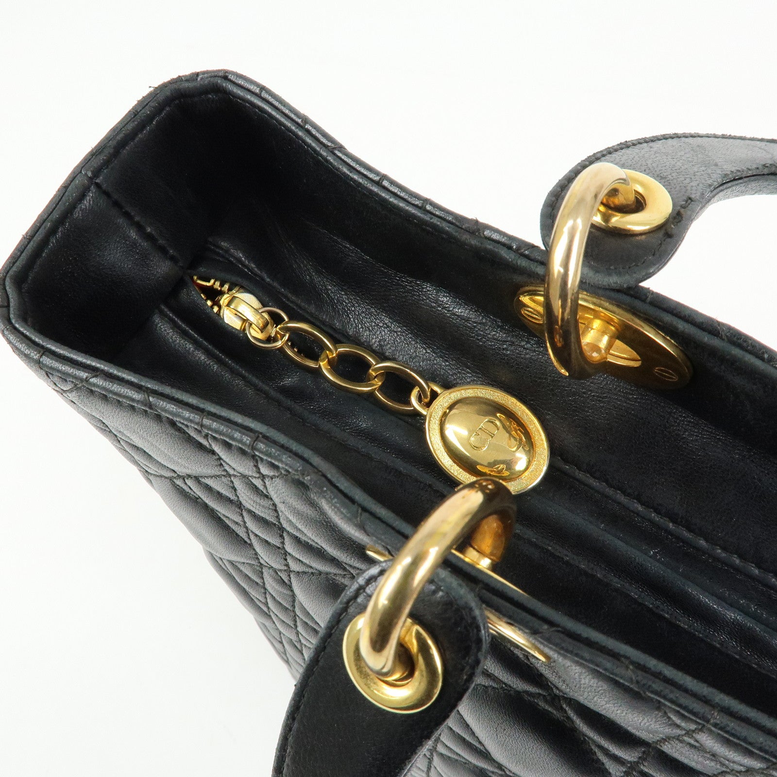 Christian Dior Canage Lady Dior Lamb Skin Hand Bag Black