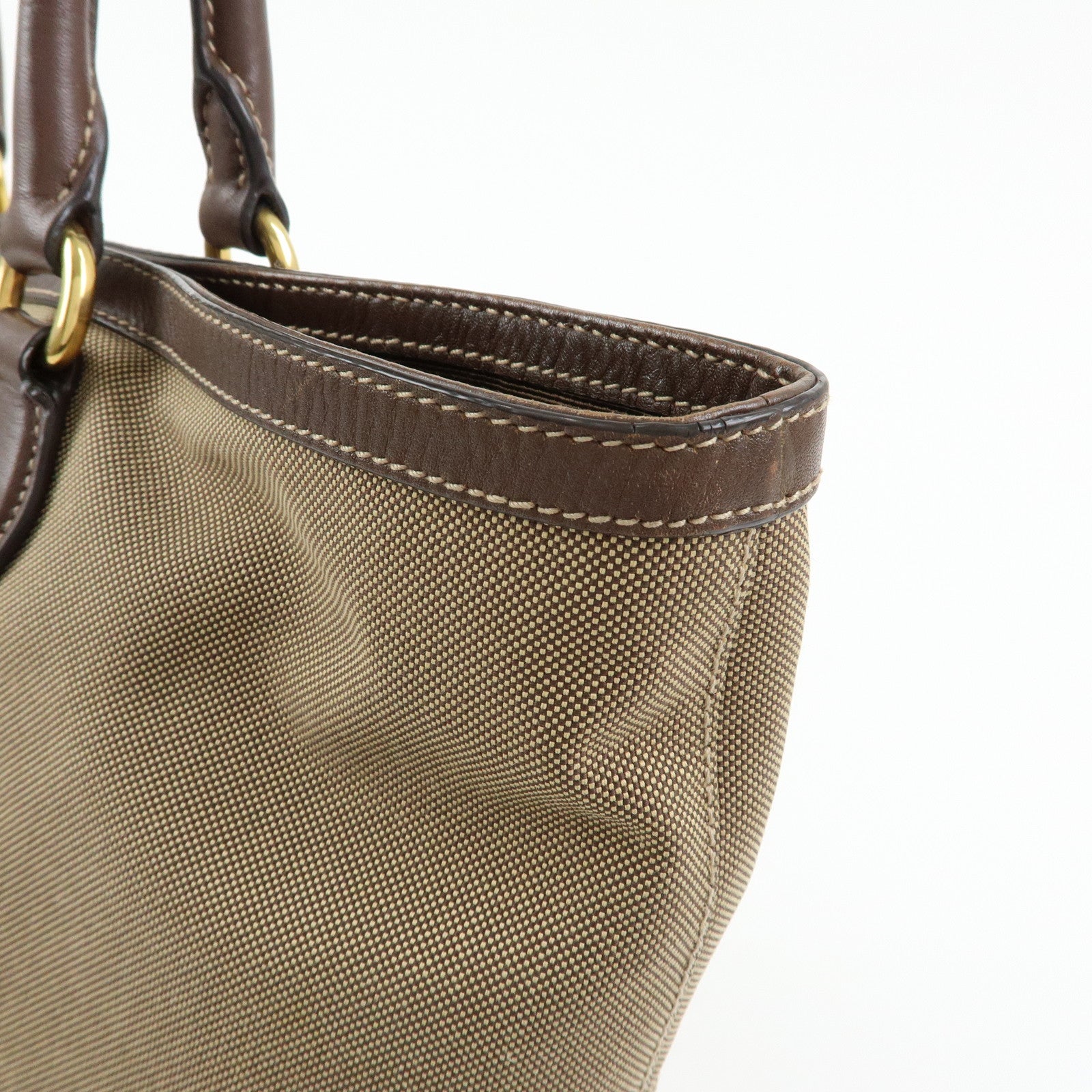 PRADA Triangle Logo Jacquard Leather Tote Shoulder Bag Beige Brown