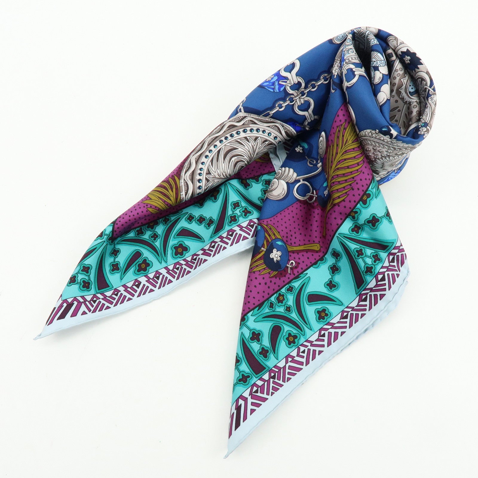 HERMES Carre 90 Silk 100% Scarf ZENOBIE REINE DE PALMYRE Blue
