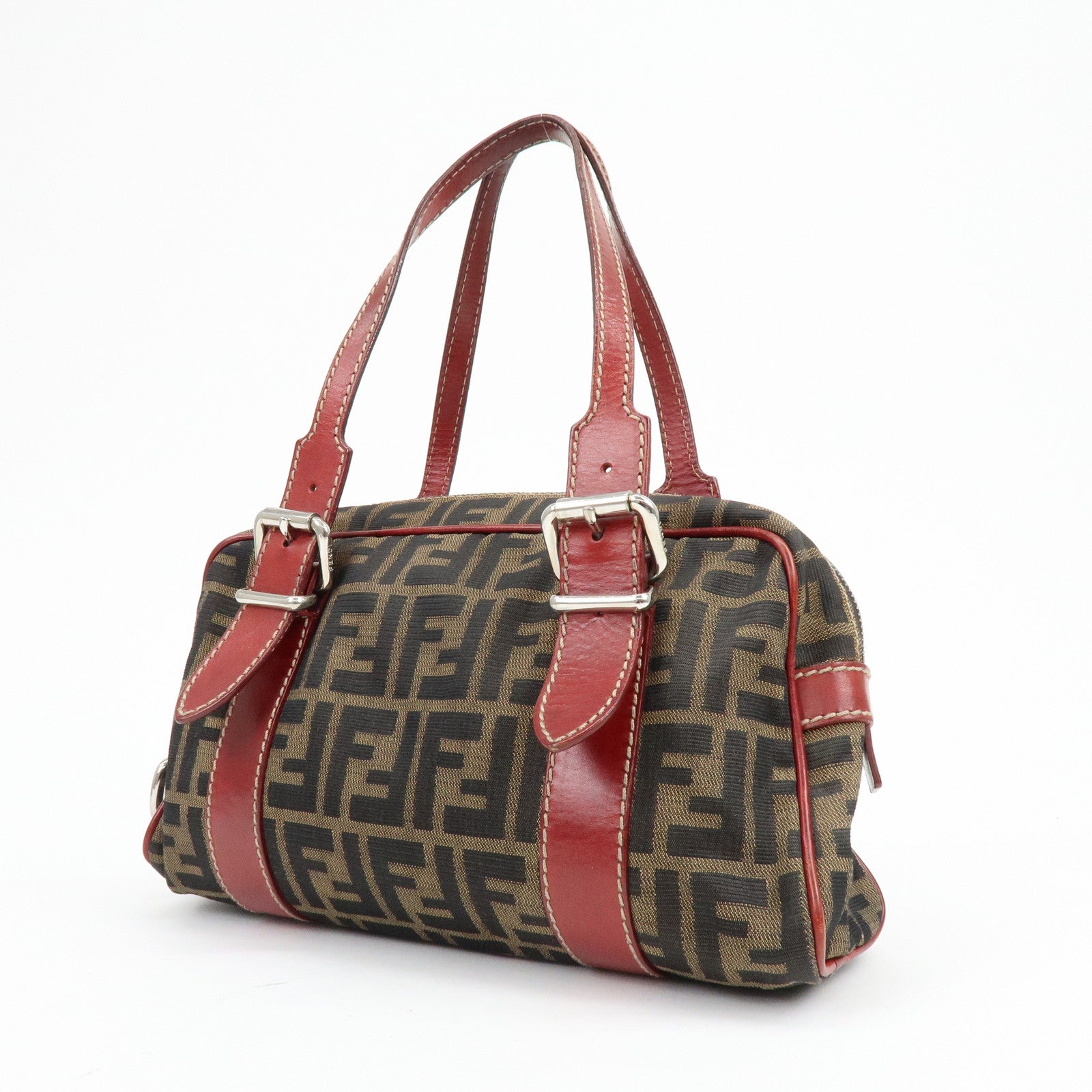 FENDI Zucca Canvas Leather Mini Boston Hand Bag Brown Red 8BR119