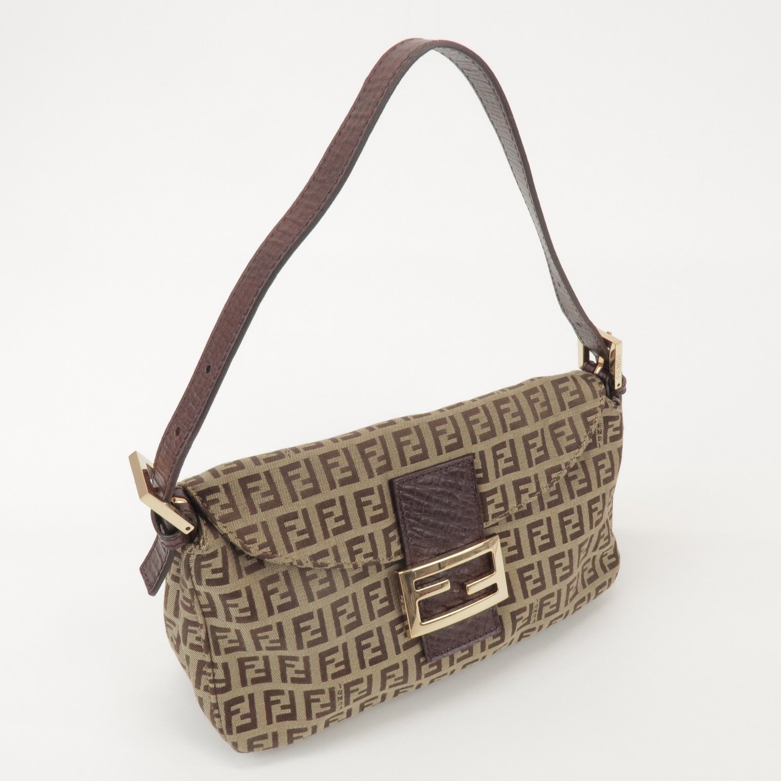 FENDI Zucchino Canvas Leather Hand Bag Brown Beige 8BR003