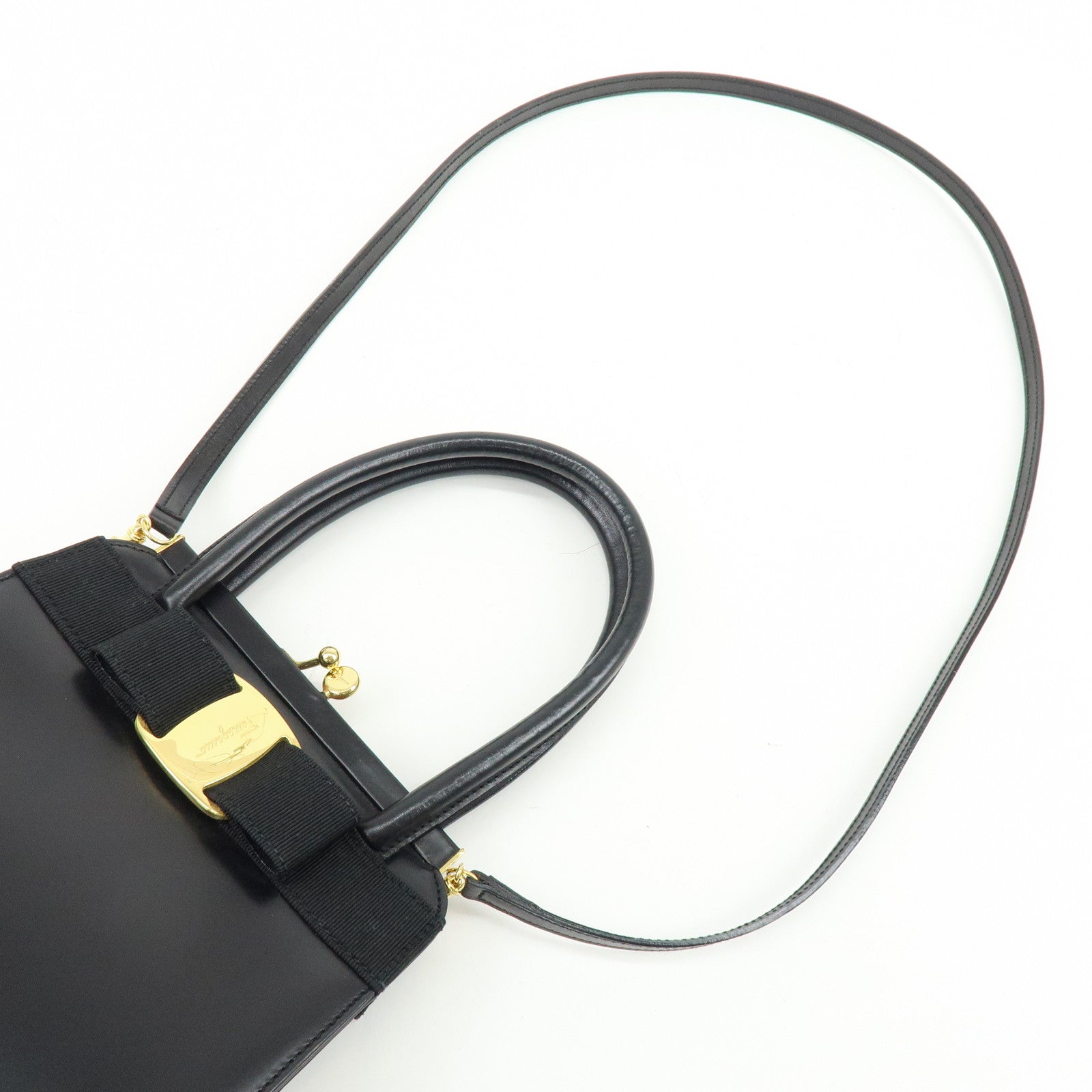 Ferragamo Vara Ribbon Leather 2Way Bag Hand Bag Black
