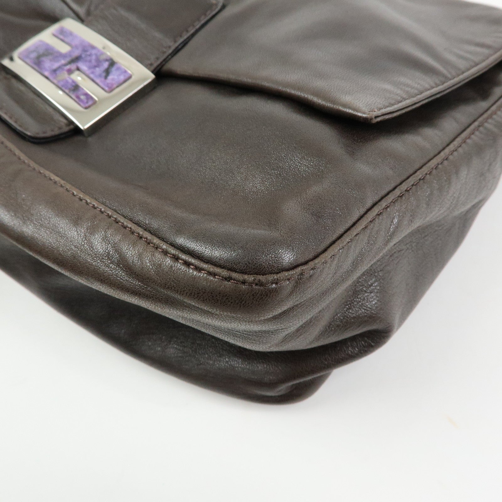FENDI Mamma Baguette Lamb Skin Shoulder Bag Dark Brown 26325