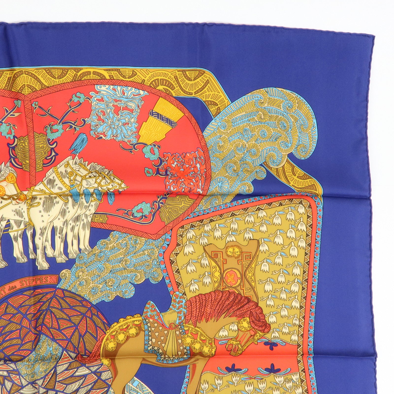 HERMES Carre 90 Silk 100% Scarf ART des STEPPES Horse Print Navy