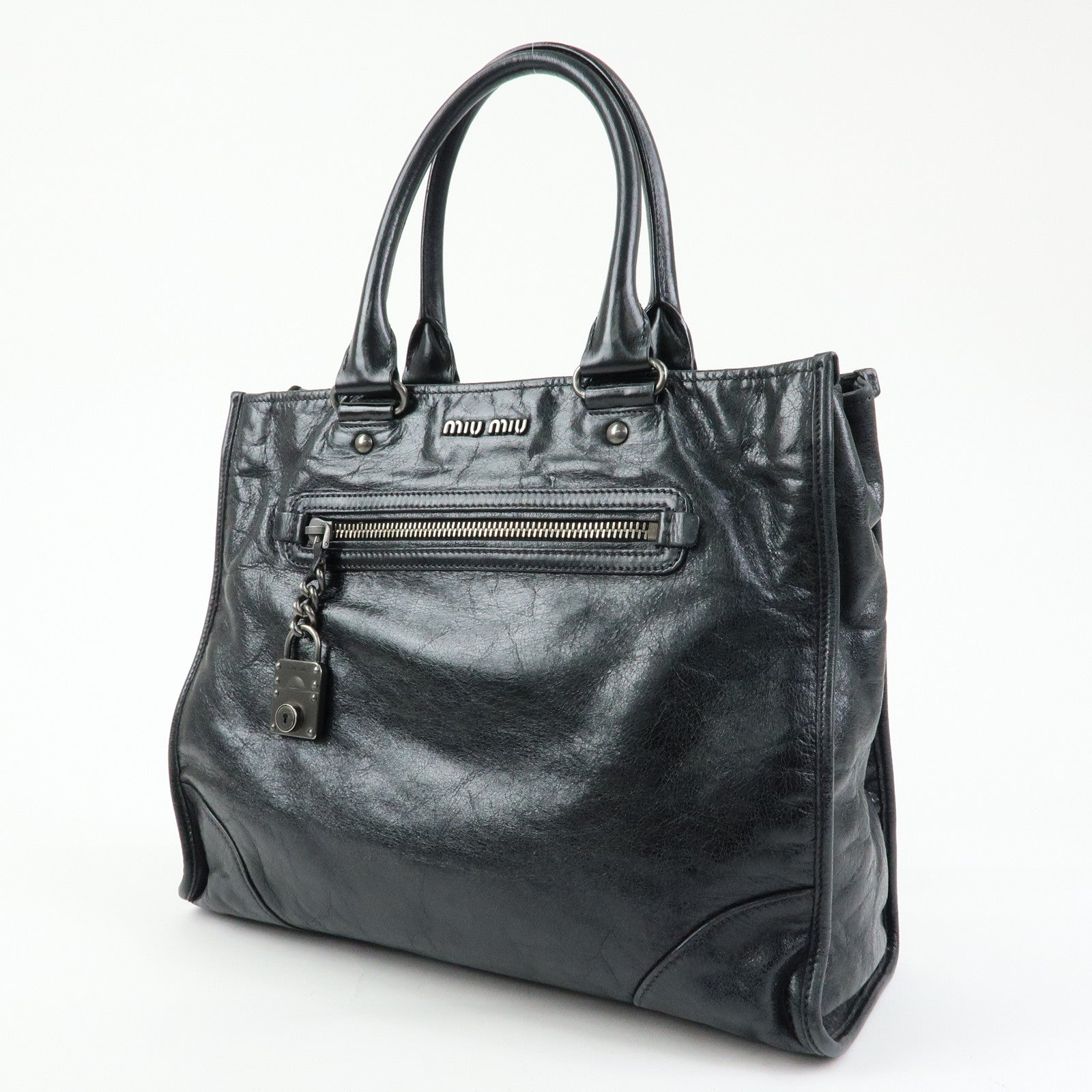 MIU MIU Leather Tote Bag Shoulder Bag Black Padlock Charm