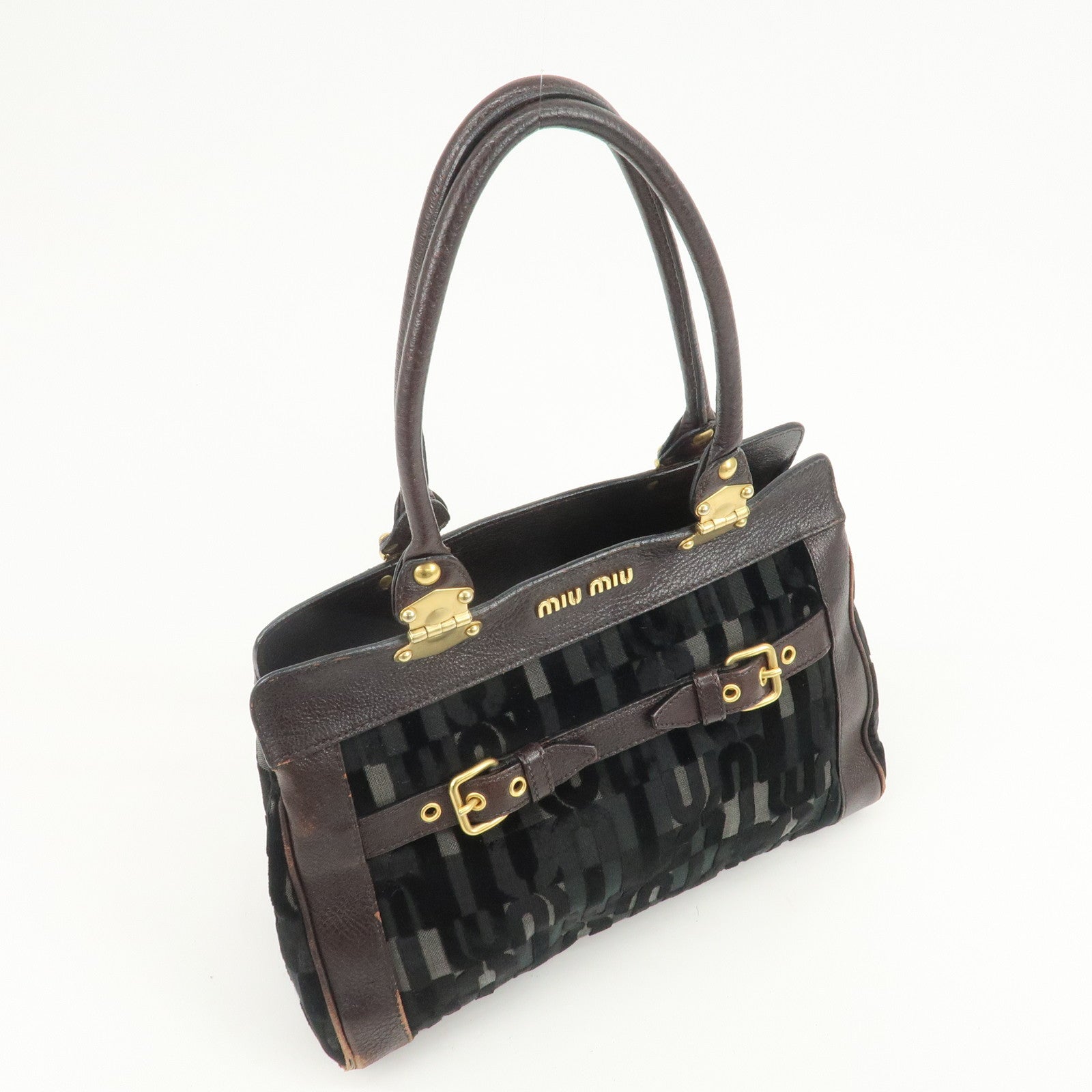 MIU MIU Logo Velour Leather Shoulder Bag Black Brown