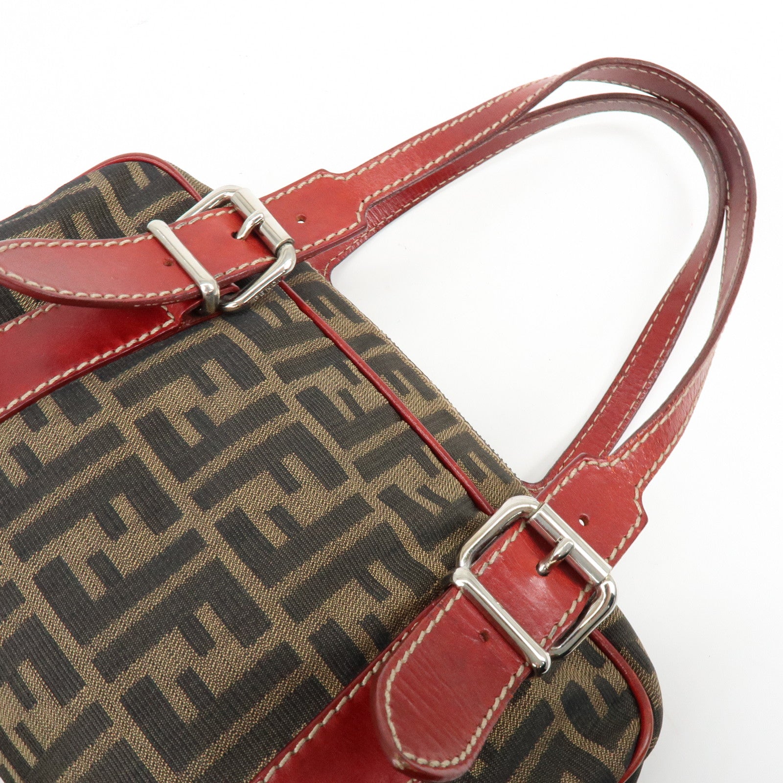 FENDI Zucca Canvas Leather Mini Boston Hand Bag Brown Red 8BR119