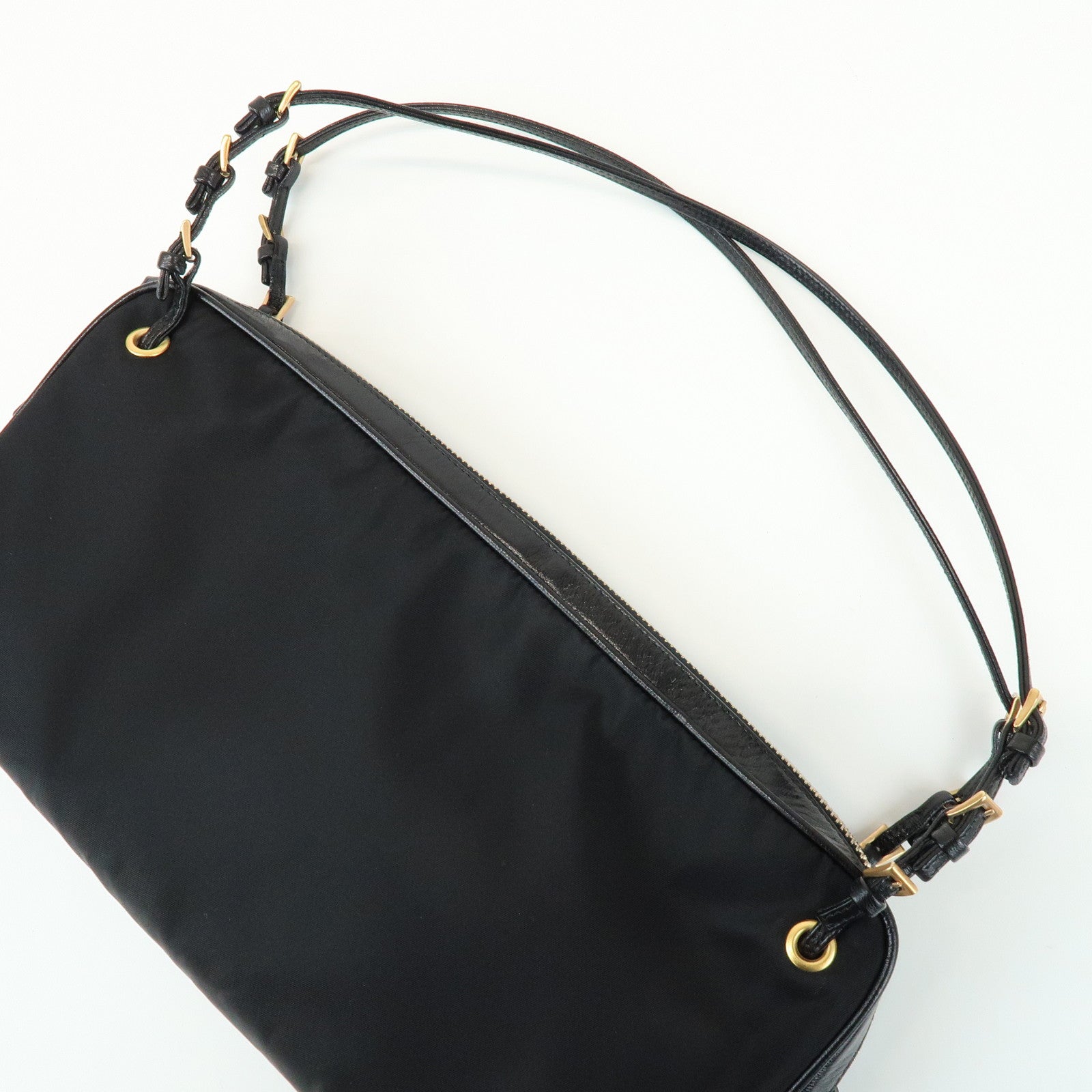 PRADA Triangle Logo Nylon Leather Shoulder Bag Black BN0218