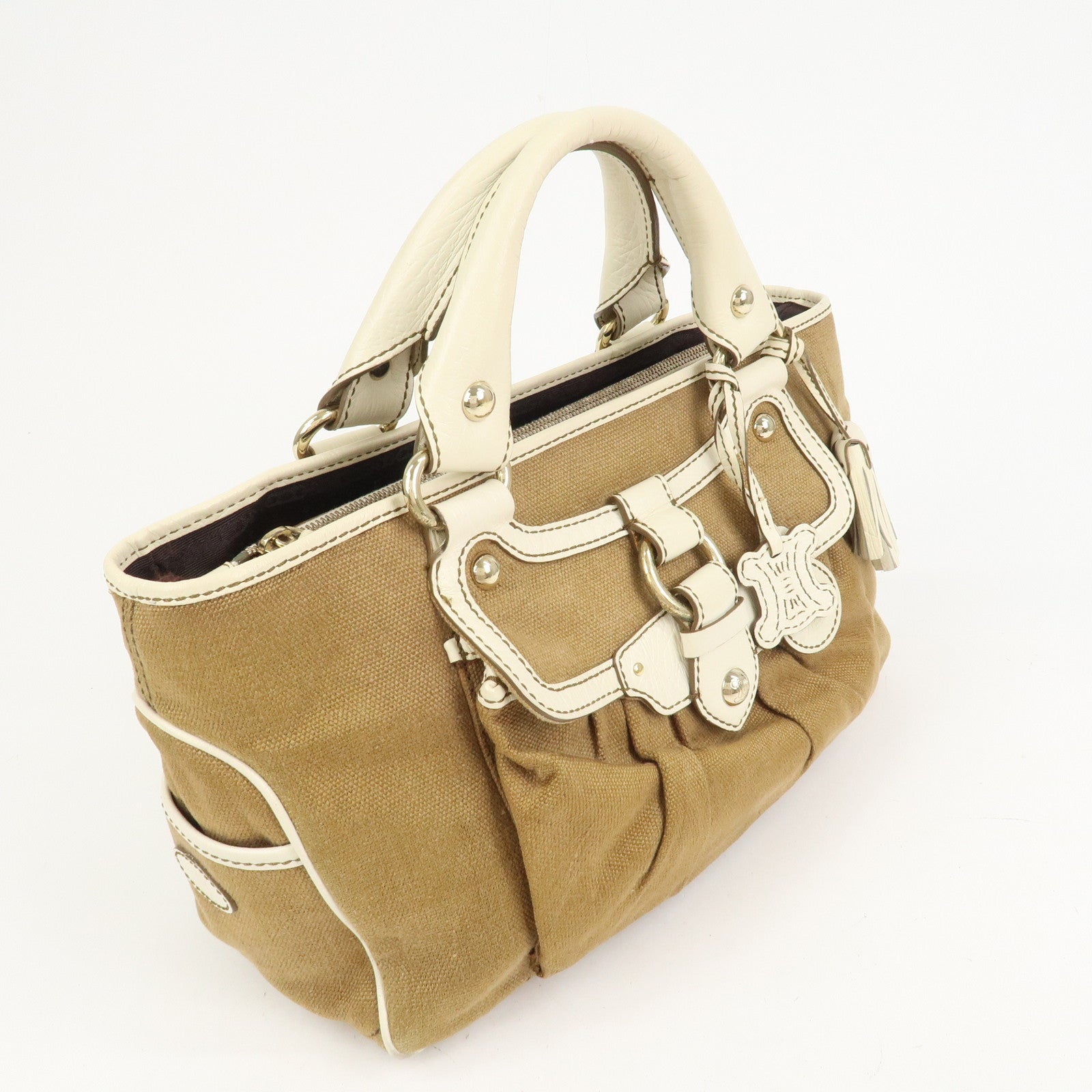 CELINE Canvas Leather Boogie Bag Hand Bag Macadam Motif Brown Ivory