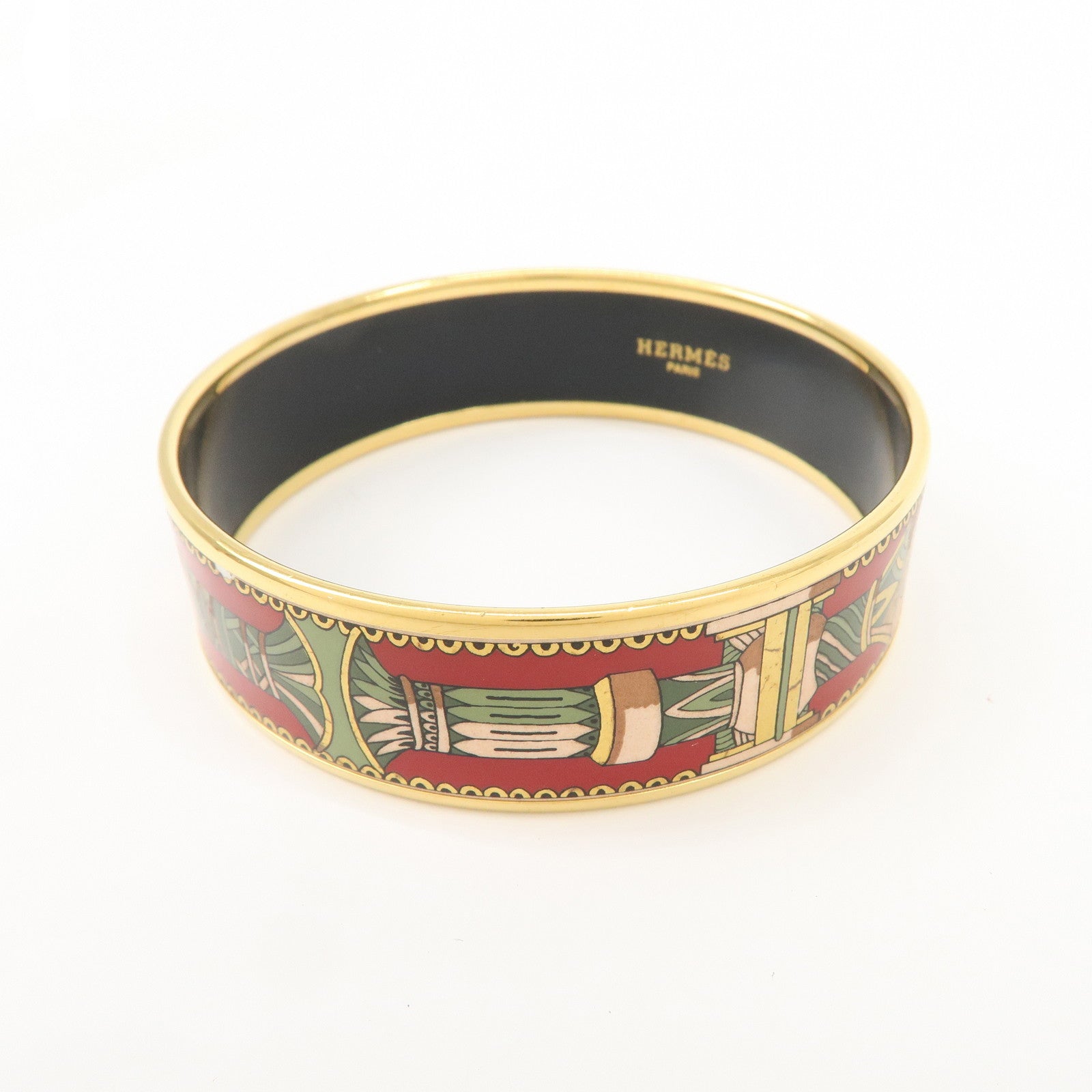 HERMES Email GM Gold Plated Bangle Bracelet Red Green