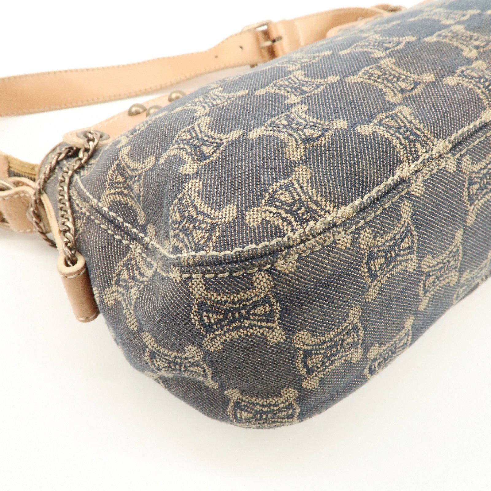CELINE Macadam Leather Denim Shoulder Bag Hand Bag Beige Navy Used