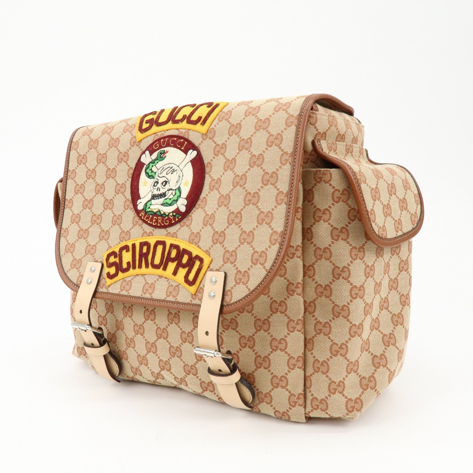 GUCCI GG Canvas Leather Sciroppo Patch Backpack Beige Brown 580811