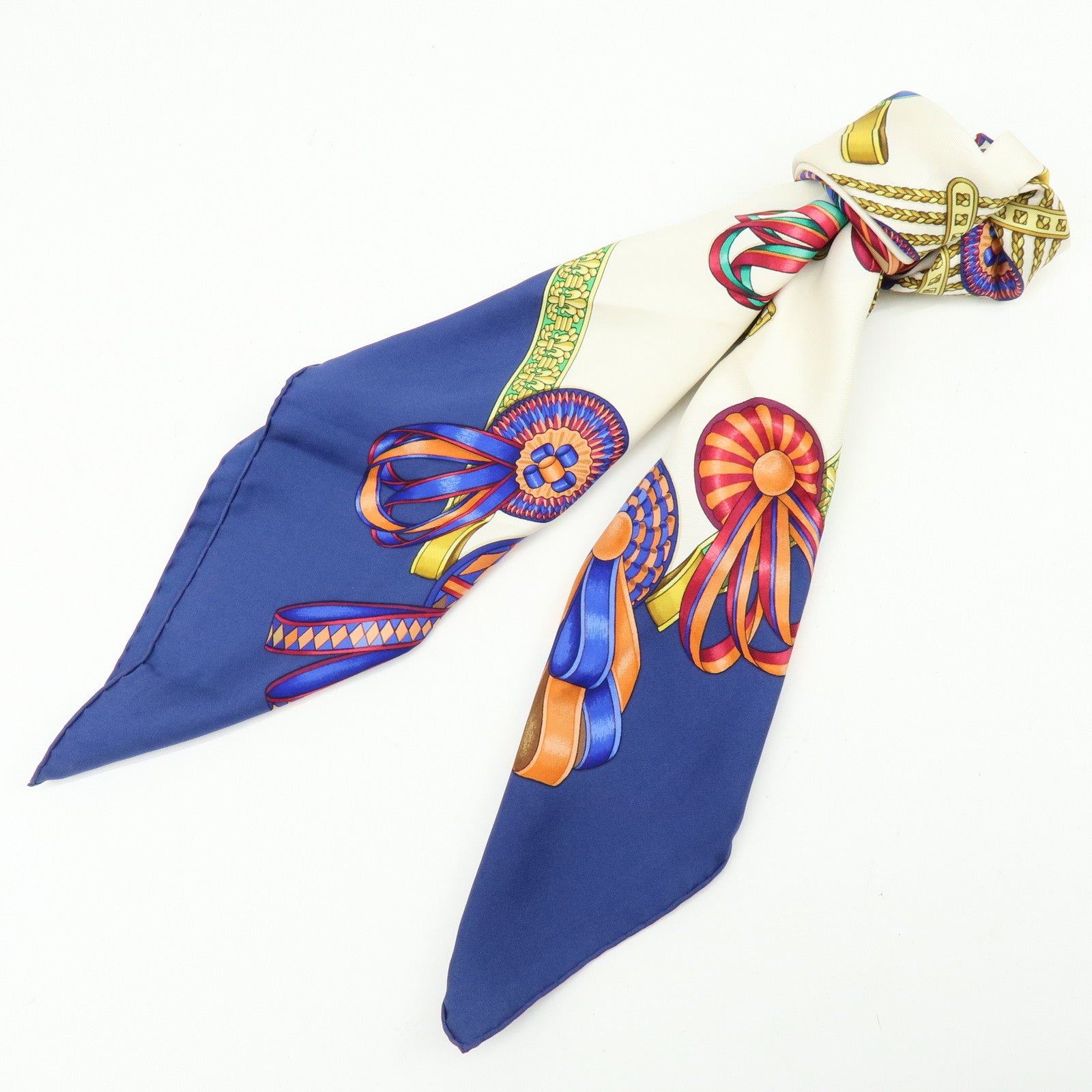 HERMES Carre 90 Silk 100% LES RUBANS DU CHEVAL Scarf Blue White