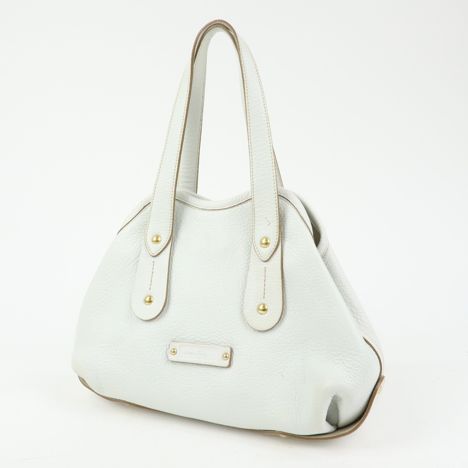 Ferragamo Logo Leather Tote Bag Hand Bag Shoulder Bag White